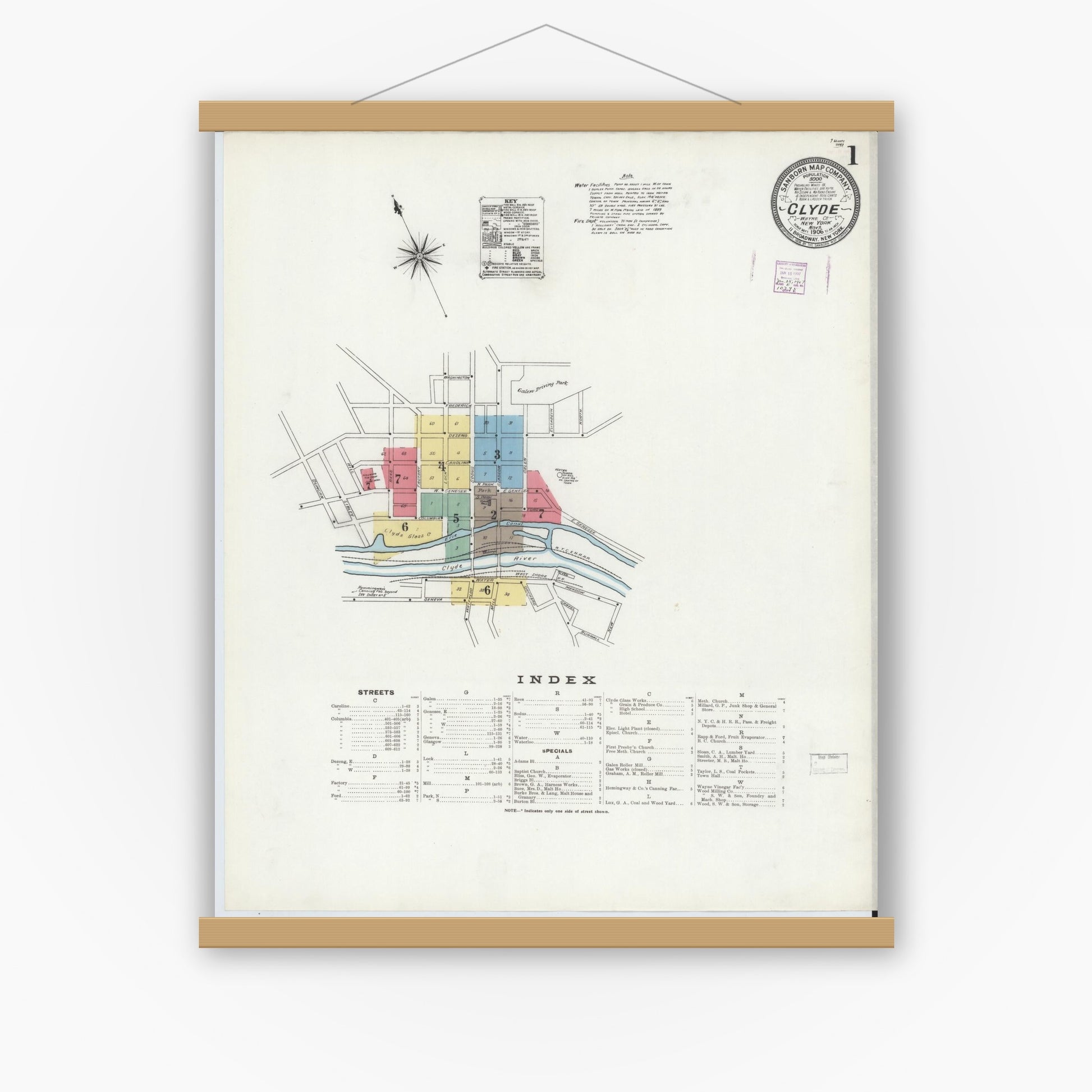 Old map wall art mockup — magnetic wood frame on white wall — Sanborn Fire Insurance Map from Clyde, Wayne County, New York (1906) - Complete Map Set