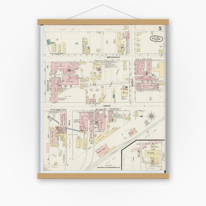 Old map wall art mockup — magnetic wood frame on white wall — Sanborn Fire Insurance Map from Salem, Columbiana County, Ohio (1887), Sheet #0005