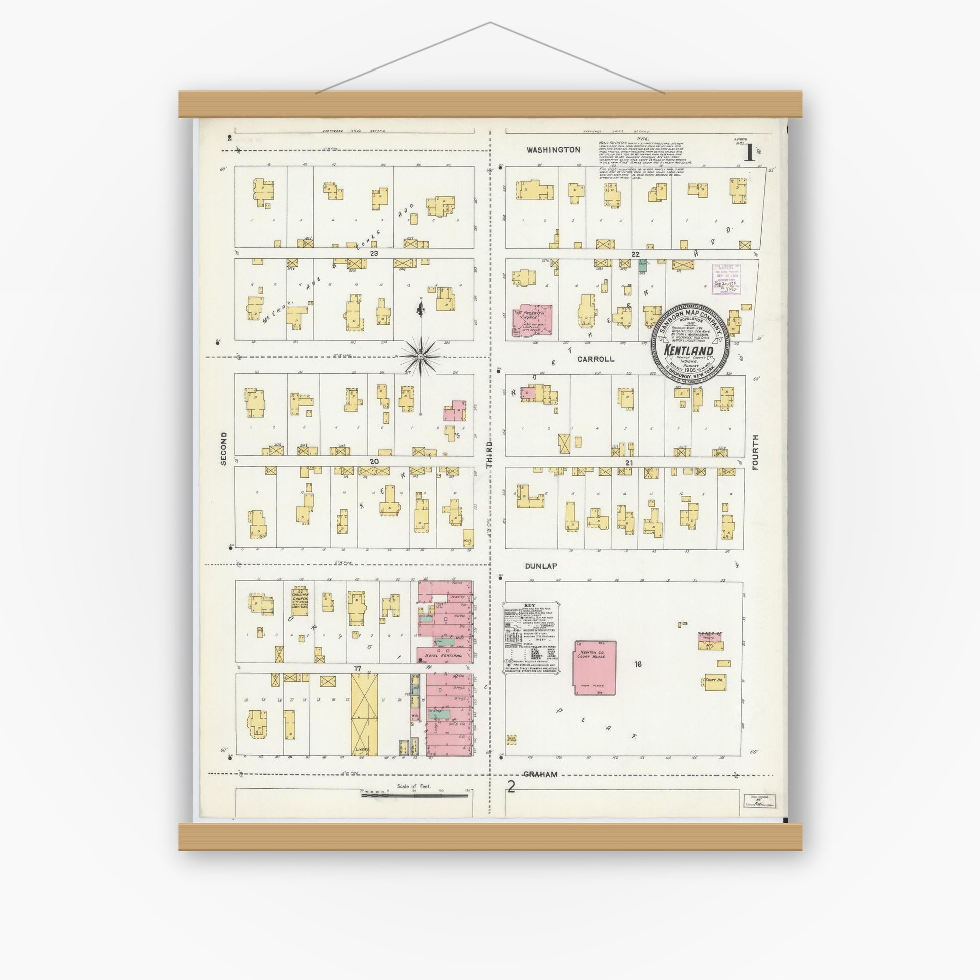 Old map wall art mockup — magnetic wood frame on white wall — Sanborn Fire Insurance Map from Kentland, Newton County, Indiana (1905) - Complete Map Set