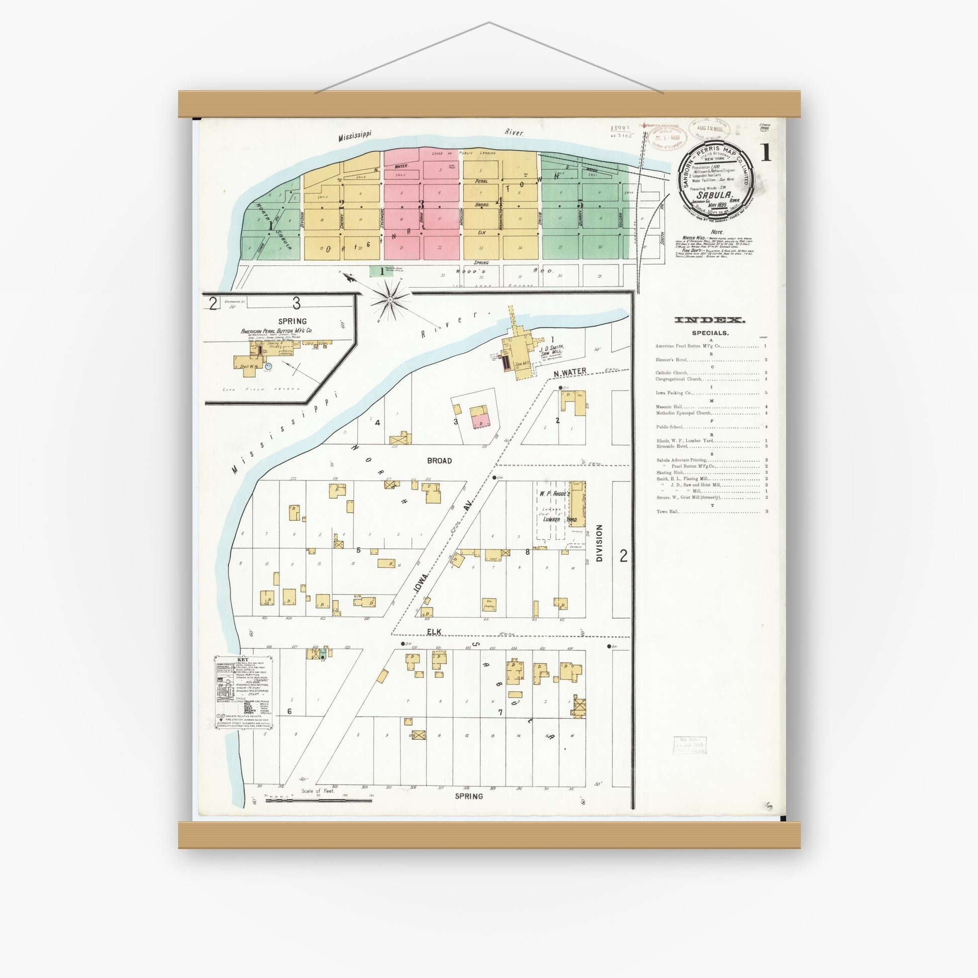 Old map wall art mockup — magnetic wood frame on white wall — Sanborn Fire Insurance Map from Sabula, Jackson County, Iowa (1899), Sheet #0001