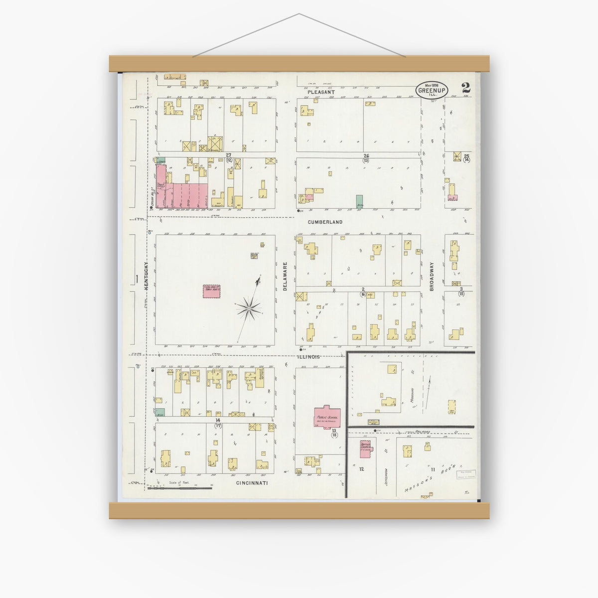 Old map wall art mockup — magnetic wood frame on white wall — Sanborn Fire Insurance Map from Greenup, Cumberland County, Illinois (1898), Sheet #0002