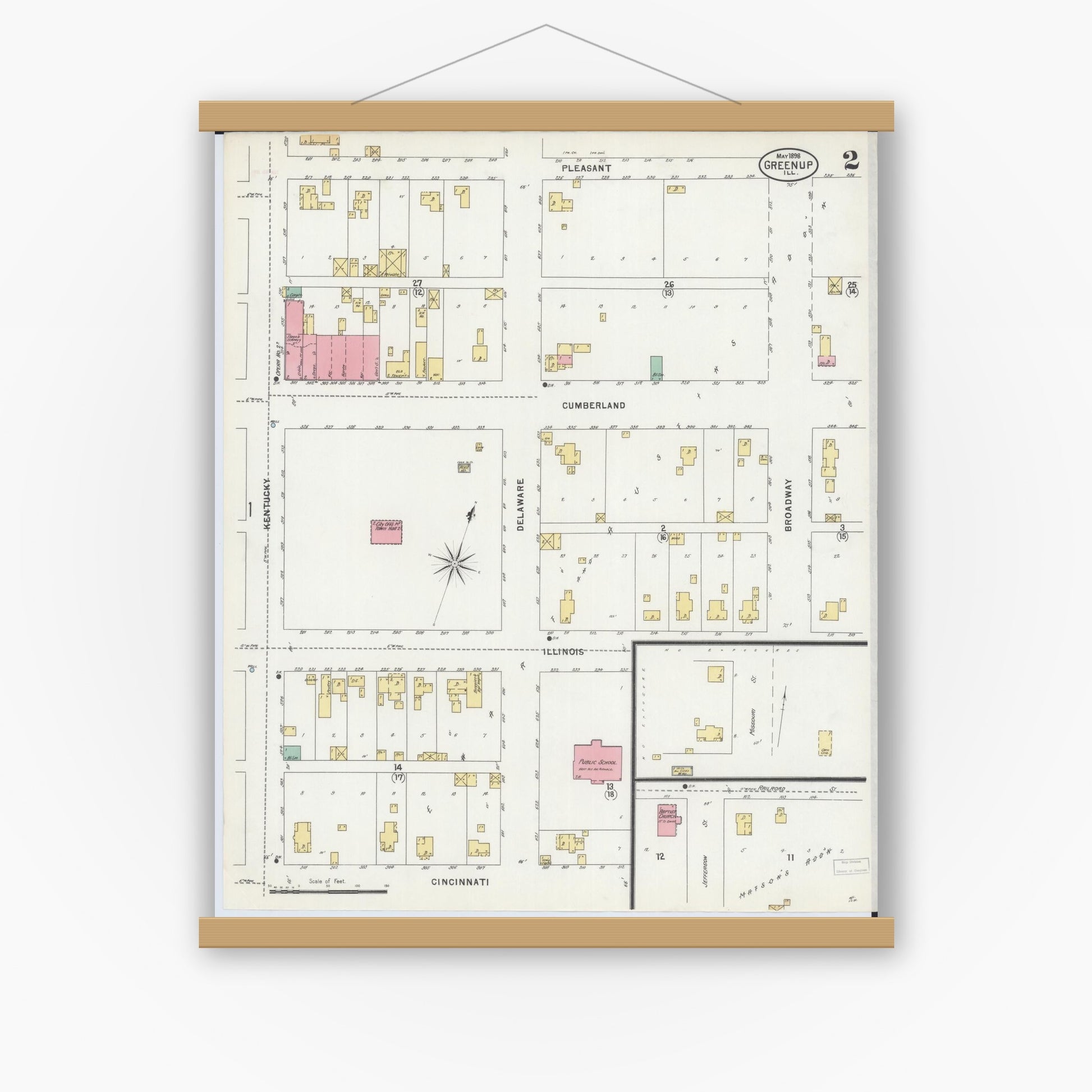 Old map wall art mockup — magnetic wood frame on white wall — Sanborn Fire Insurance Map from Greenup, Cumberland County, Illinois (1898), Sheet #0002