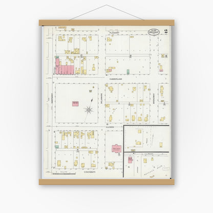 Old map wall art mockup — magnetic wood frame on white wall — Sanborn Fire Insurance Map from Greenup, Cumberland County, Illinois (1898), Sheet #0002