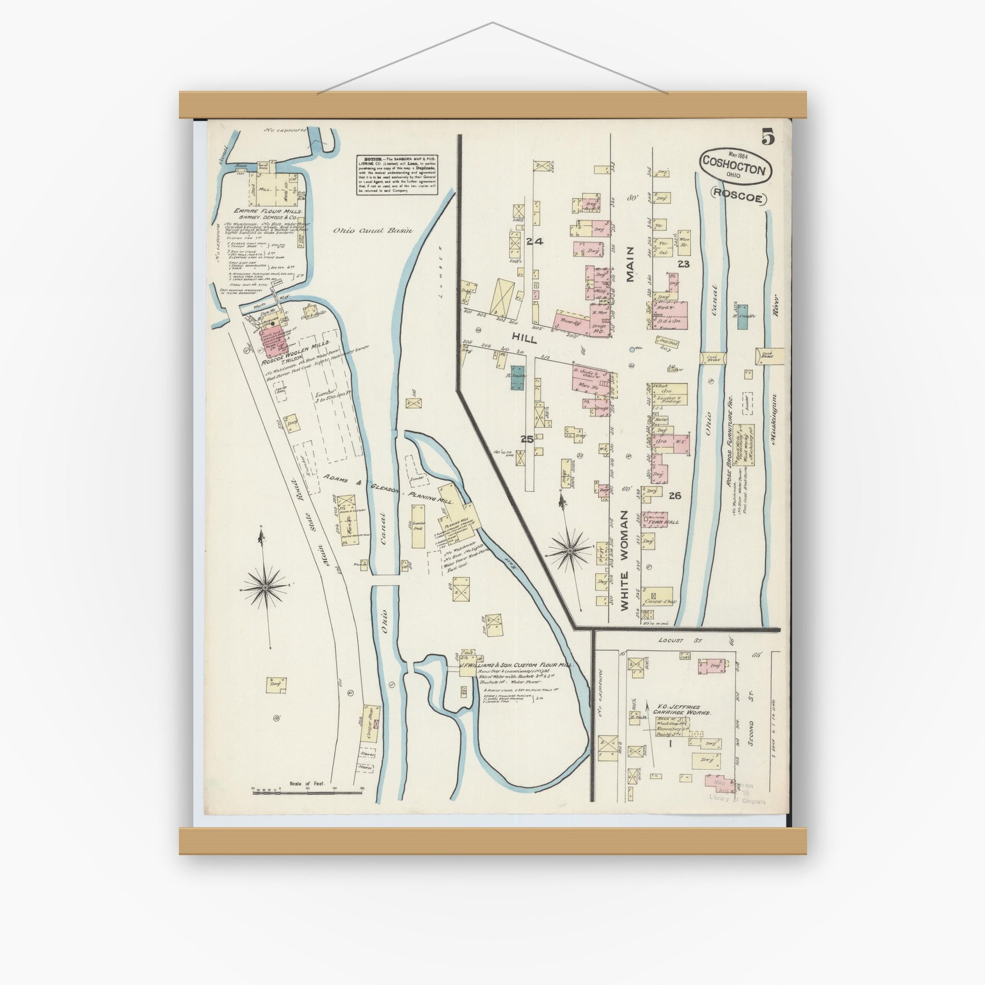 Old map wall art mockup — magnetic wood frame on white wall — Sanborn Fire Insurance Map from Coshocton, Coshocton County, Ohio (1884), Sheet #0005