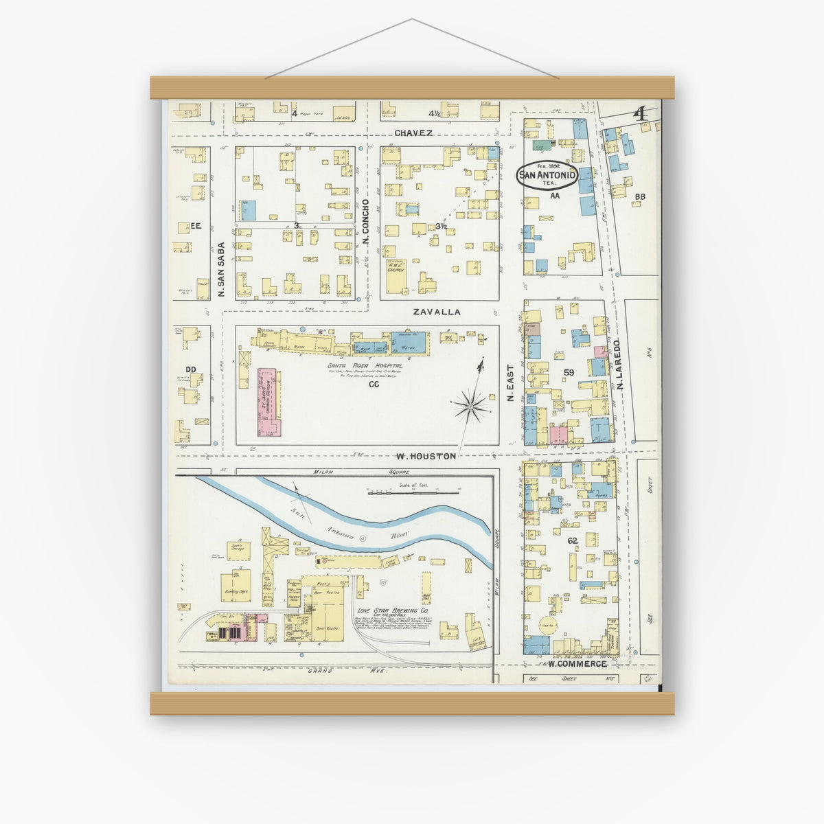 Old map wall art mockup — magnetic wood frame on white wall — Sanborn Fire Insurance Map from San Antonio, Bexar County, Texas (1892), Sheet #0004