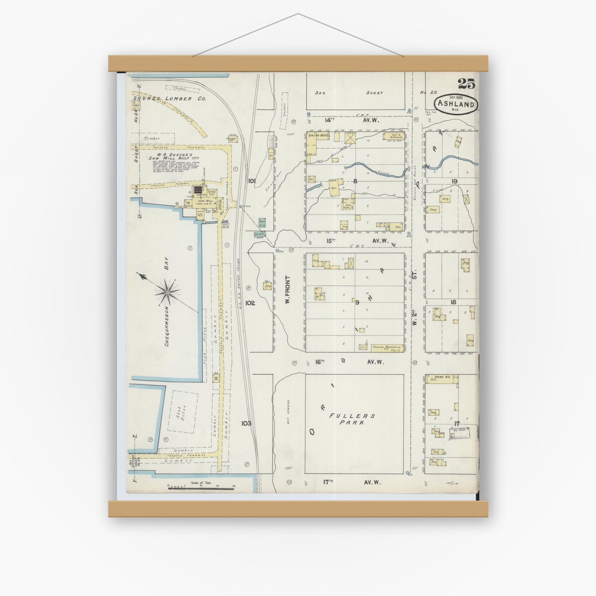 Old map wall art mockup — magnetic wood frame on white wall — Sanborn Fire Insurance Map from Ashland, Ashland County, Wisconsin (1890), Sheet #0025