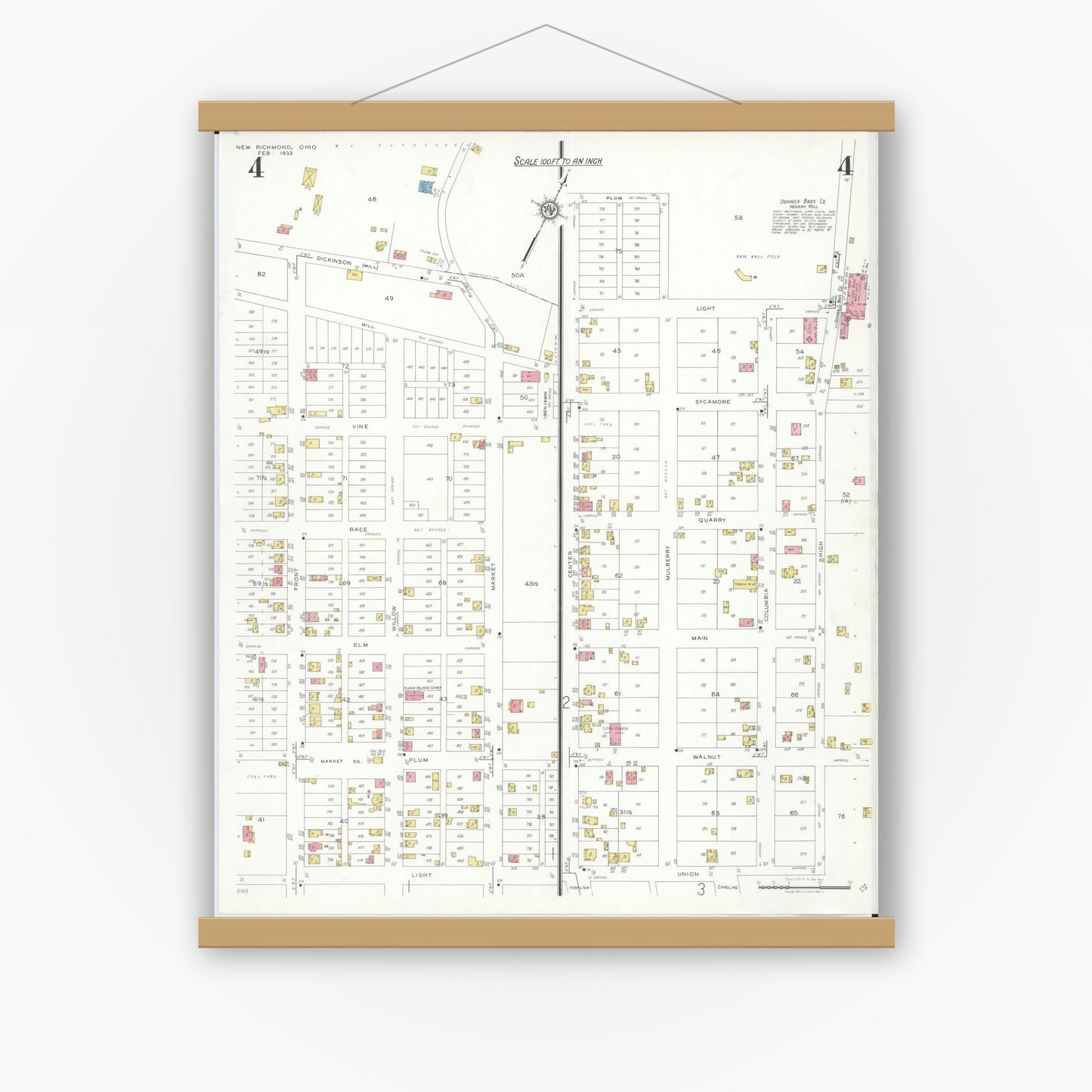 Old map wall art mockup — magnetic wood frame on white wall — Sanborn Fire Insurance Map from New Richmond, Clermont County, Ohio (1933), Sheet #0004