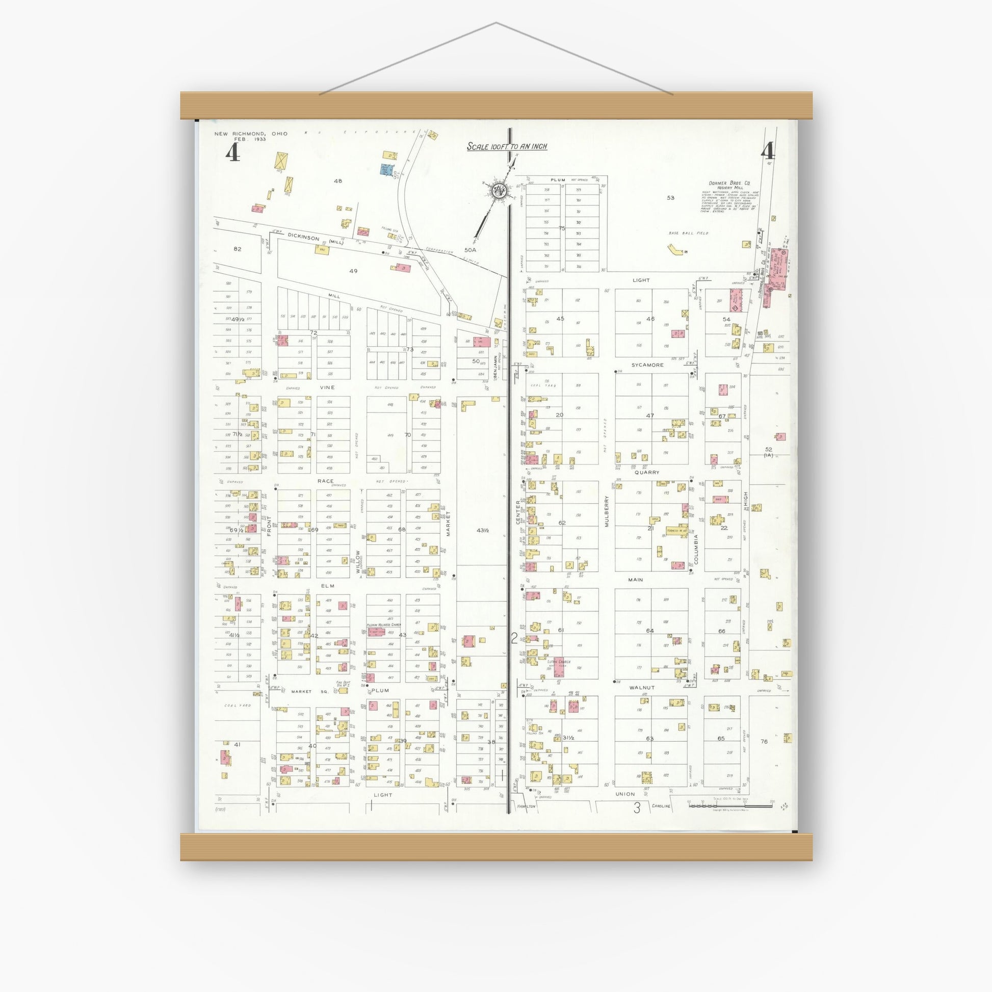 Old map wall art mockup — magnetic wood frame on white wall — Sanborn Fire Insurance Map from New Richmond, Clermont County, Ohio (1933), Sheet #0004