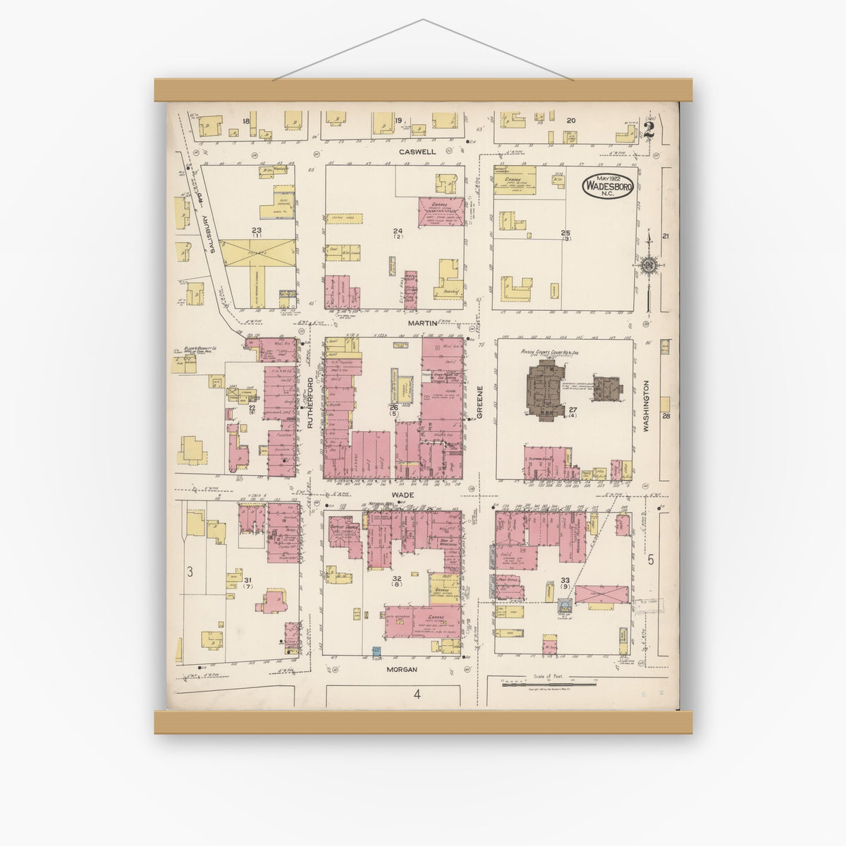 Old map wall art mockup — magnetic wood frame on white wall — Sanborn Fire Insurance Map from Wadesboro, Anson County, North Carolina (1922), Sheet #0002