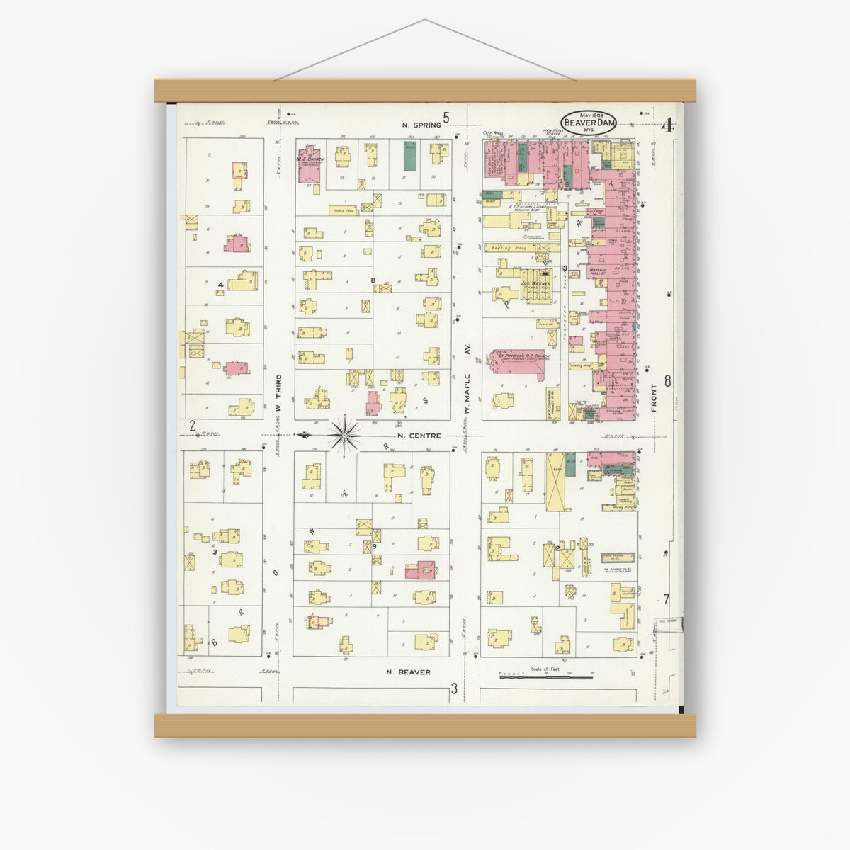 Old map wall art mockup — magnetic wood frame on white wall — Sanborn Fire Insurance Map from Beaver Dam, Dodge County, Wisconsin (1909), Sheet #0004