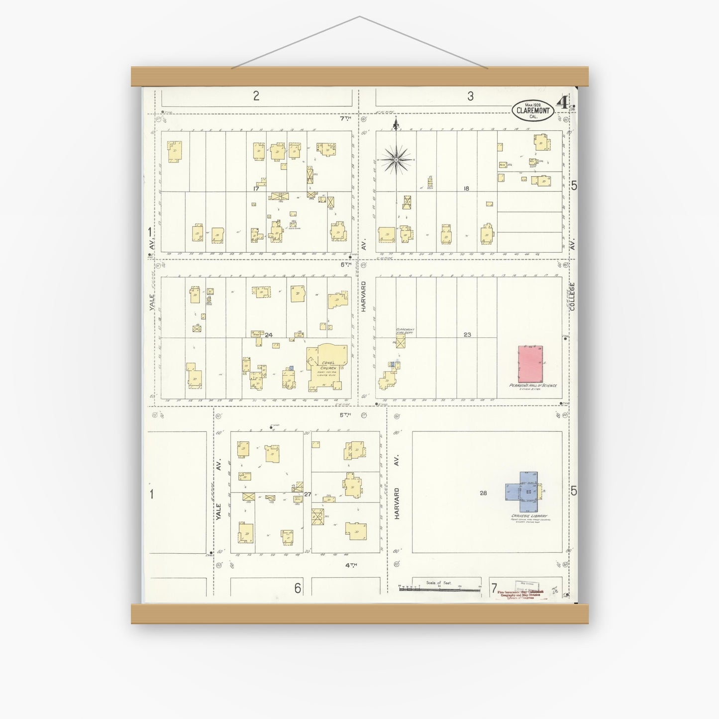 Old map wall art mockup — magnetic wood frame on white wall — Sanborn Fire Insurance Map from Claremont, Los Angeles County, California (1909), Sheet #0004
