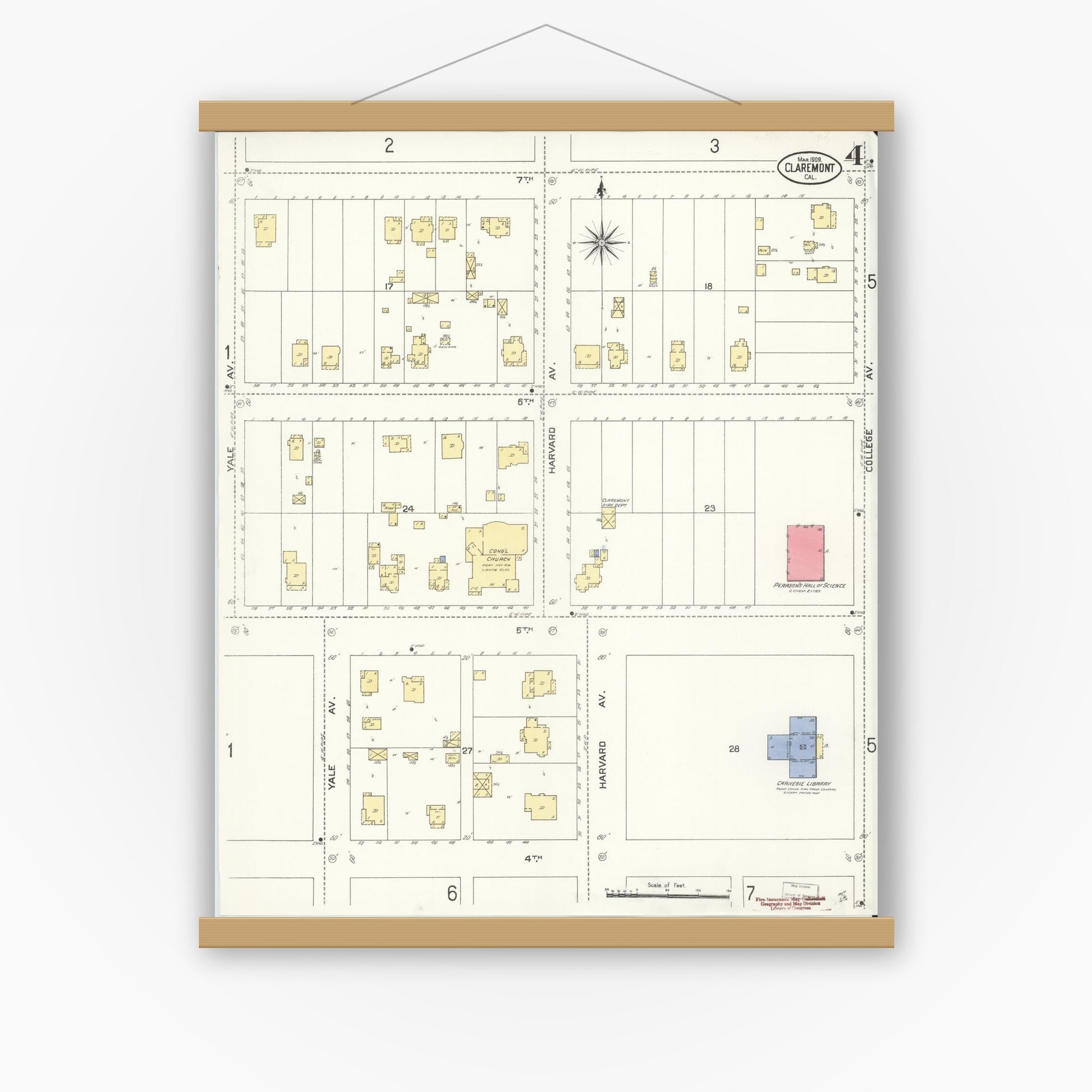 Old map wall art mockup — magnetic wood frame on white wall — Sanborn Fire Insurance Map from Claremont, Los Angeles County, California (1909), Sheet #0004