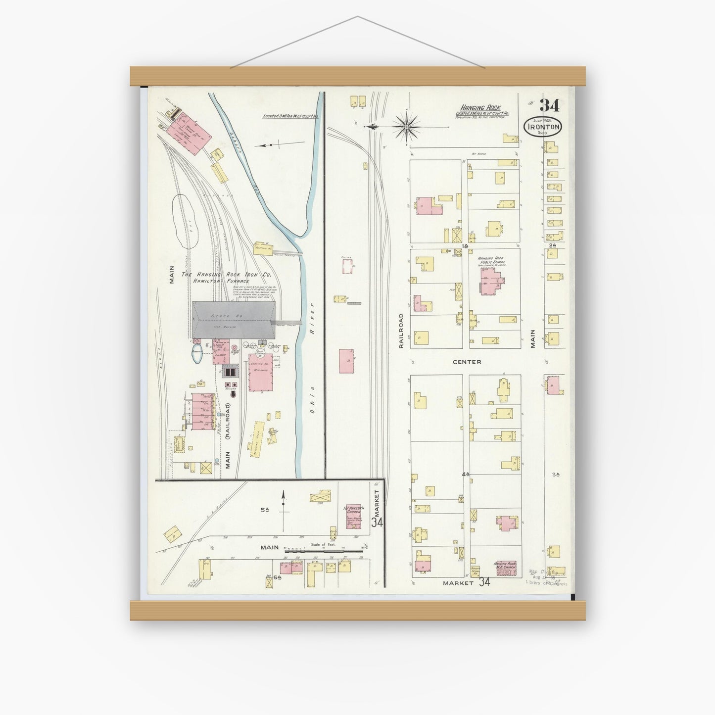Old map wall art mockup — magnetic wood frame on white wall — Sanborn Fire Insurance Map from Ironton, Lawrence County, Ohio (1909), Sheet #0034