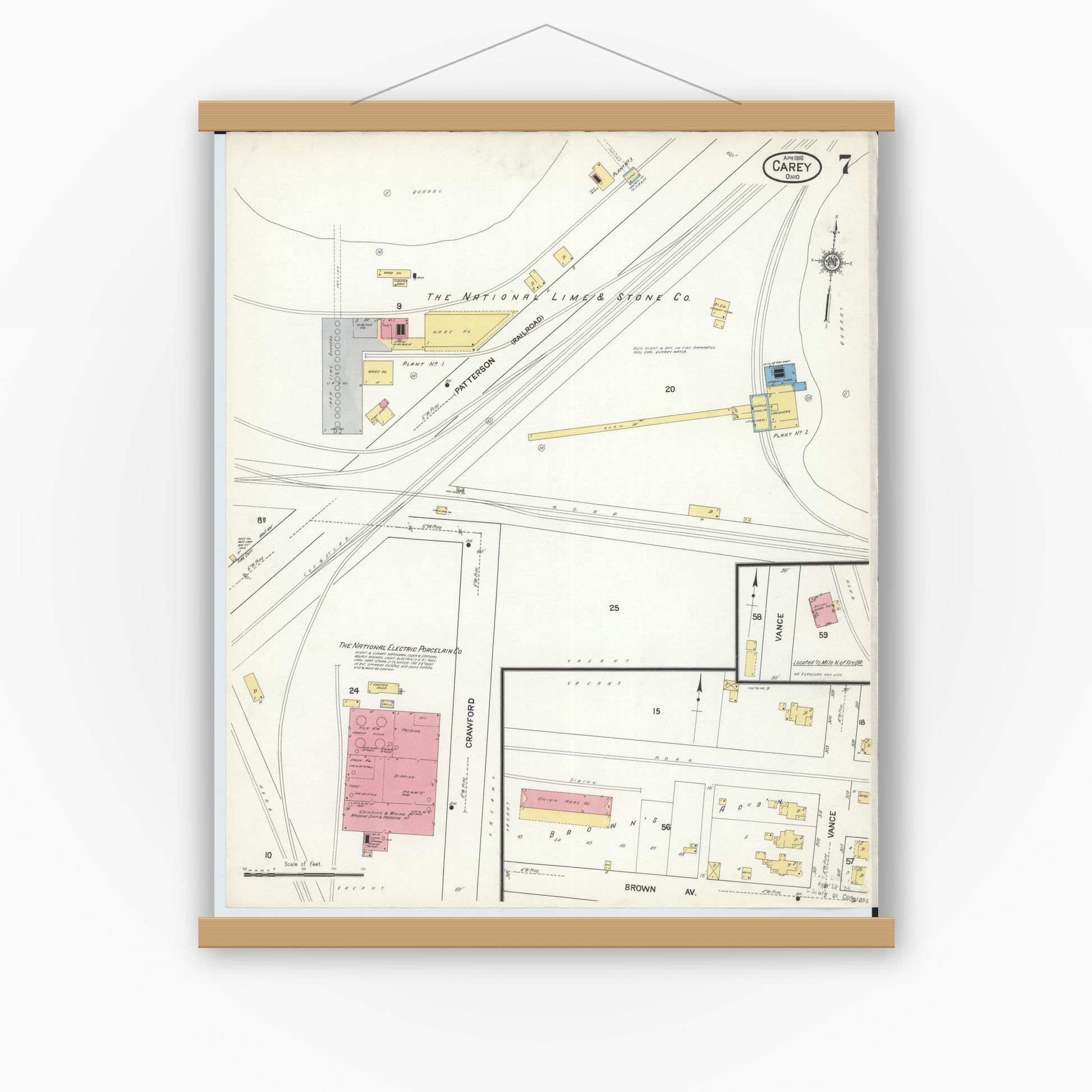 Old map wall art mockup — magnetic wood frame on white wall — Sanborn Fire Insurance Map from Carey, Wyandot County, Ohio (1916), Sheet #0007