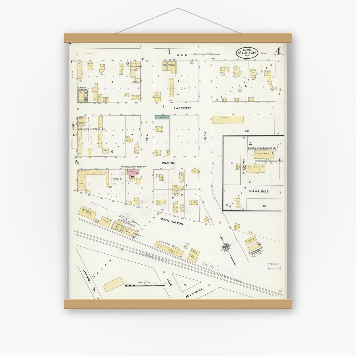 Old map wall art mockup — magnetic wood frame on white wall — Sanborn Fire Insurance Map from Mauston, Juneau County, Wisconsin (1909), Sheet #0004