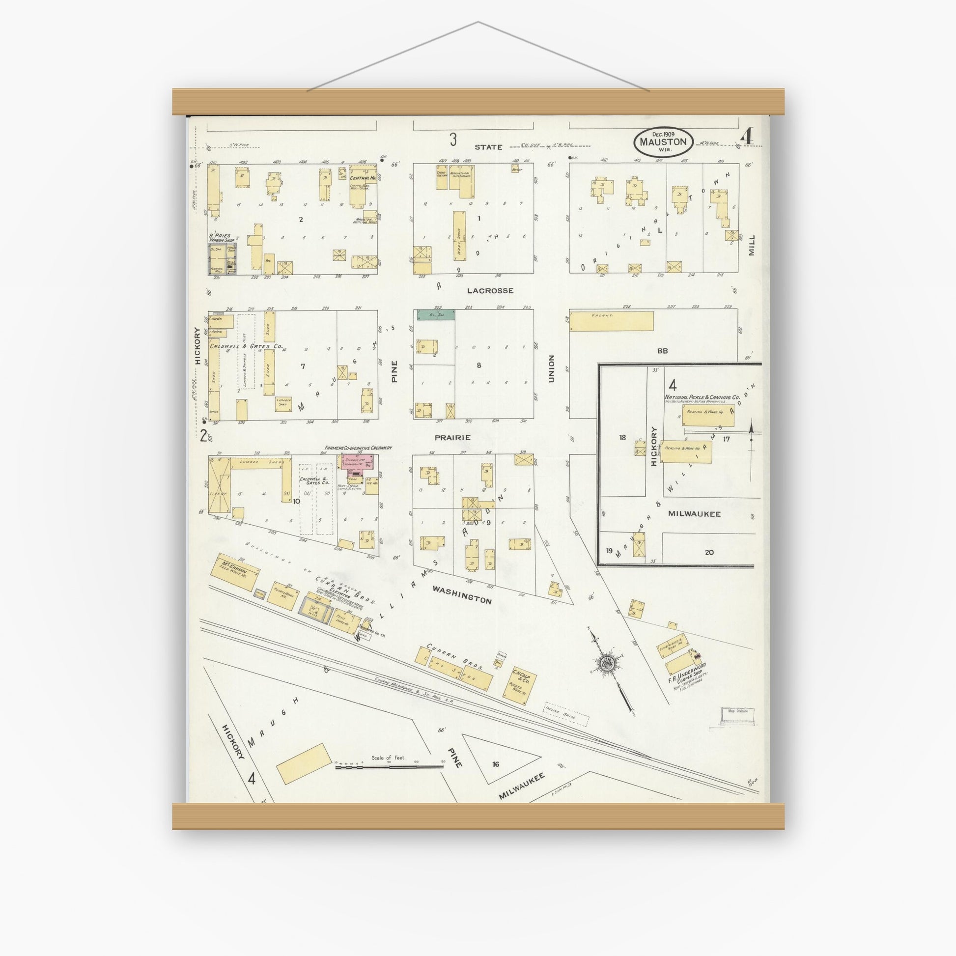 Old map wall art mockup — magnetic wood frame on white wall — Sanborn Fire Insurance Map from Mauston, Juneau County, Wisconsin (1909), Sheet #0004