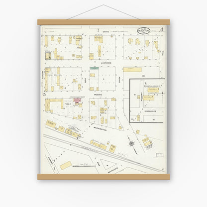 Old map wall art mockup — magnetic wood frame on white wall — Sanborn Fire Insurance Map from Mauston, Juneau County, Wisconsin (1909), Sheet #0004