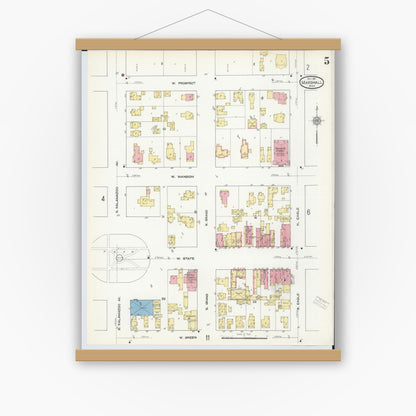Old map wall art mockup — magnetic wood frame on white wall — Sanborn Fire Insurance Map from Marshall, Calhoun County, Michigan (1911), Sheet #0005
