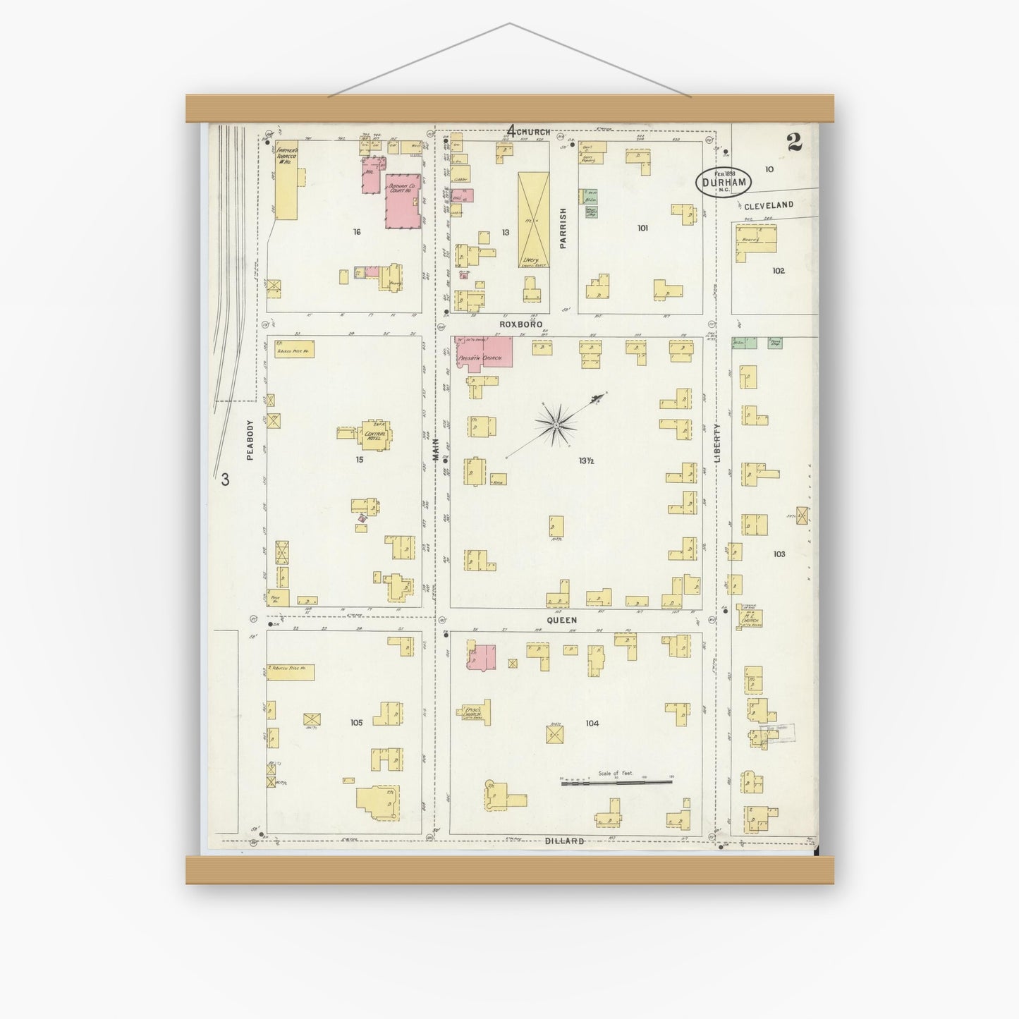 Old map wall art mockup — magnetic wood frame on white wall — Sanborn Fire Insurance Map from Durham, Durham County, North Carolina (1898), Sheet #0002