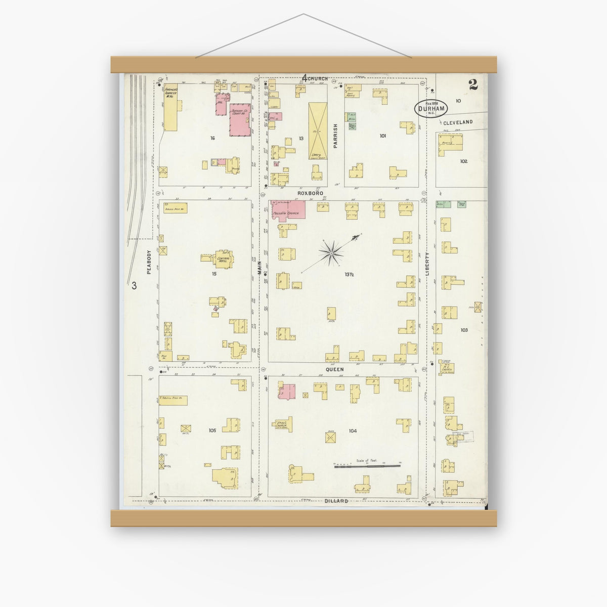 Old map wall art mockup — magnetic wood frame on white wall — Sanborn Fire Insurance Map from Durham, Durham County, North Carolina (1898), Sheet #0002