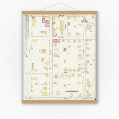 Old map wall art mockup — magnetic wood frame on white wall — Sanborn Fire Insurance Map from Durham, Durham County, North Carolina (1898), Sheet #0002
