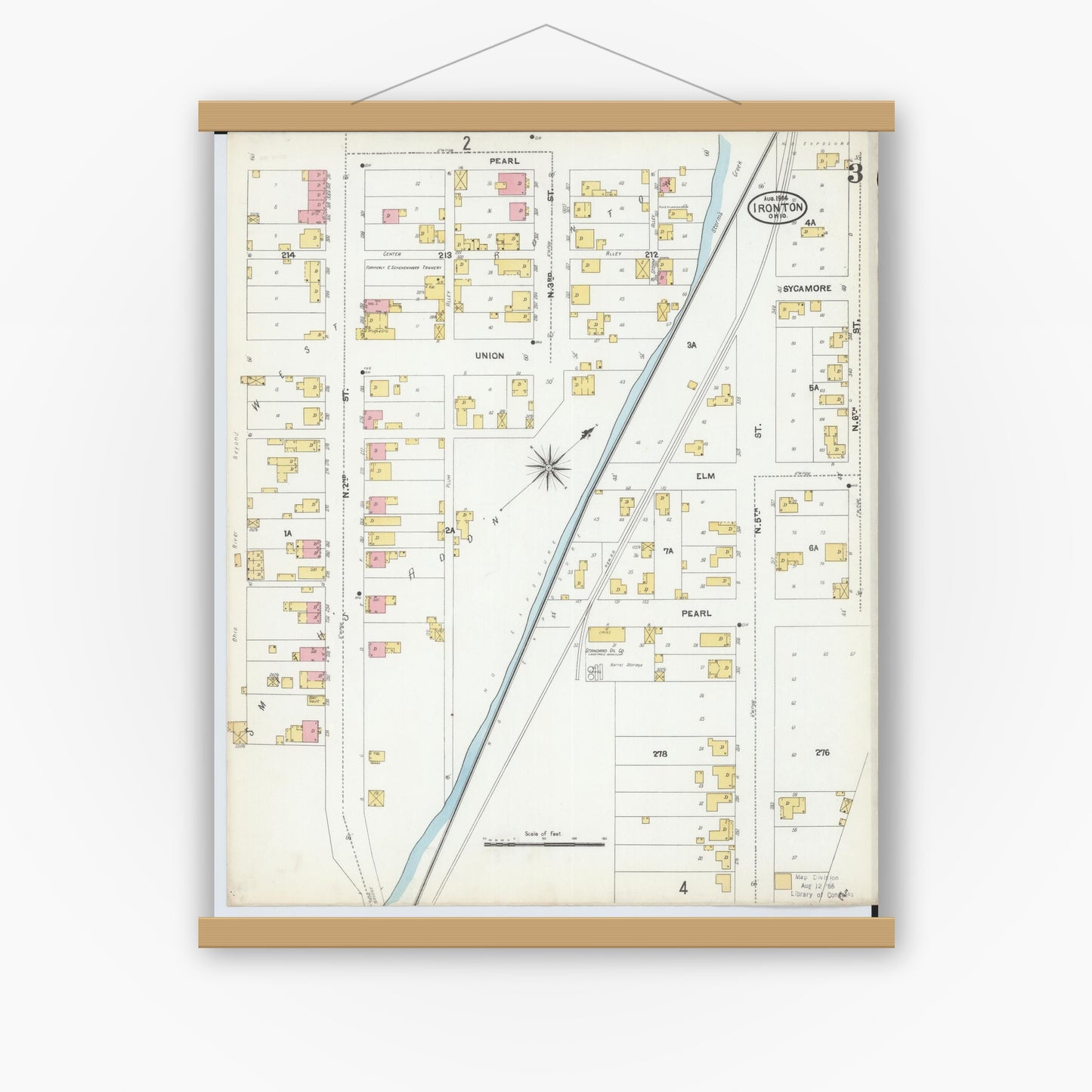Old map wall art mockup — magnetic wood frame on white wall — Sanborn Fire Insurance Map from Ironton, Lawrence County, Ohio (1904), Sheet #0003