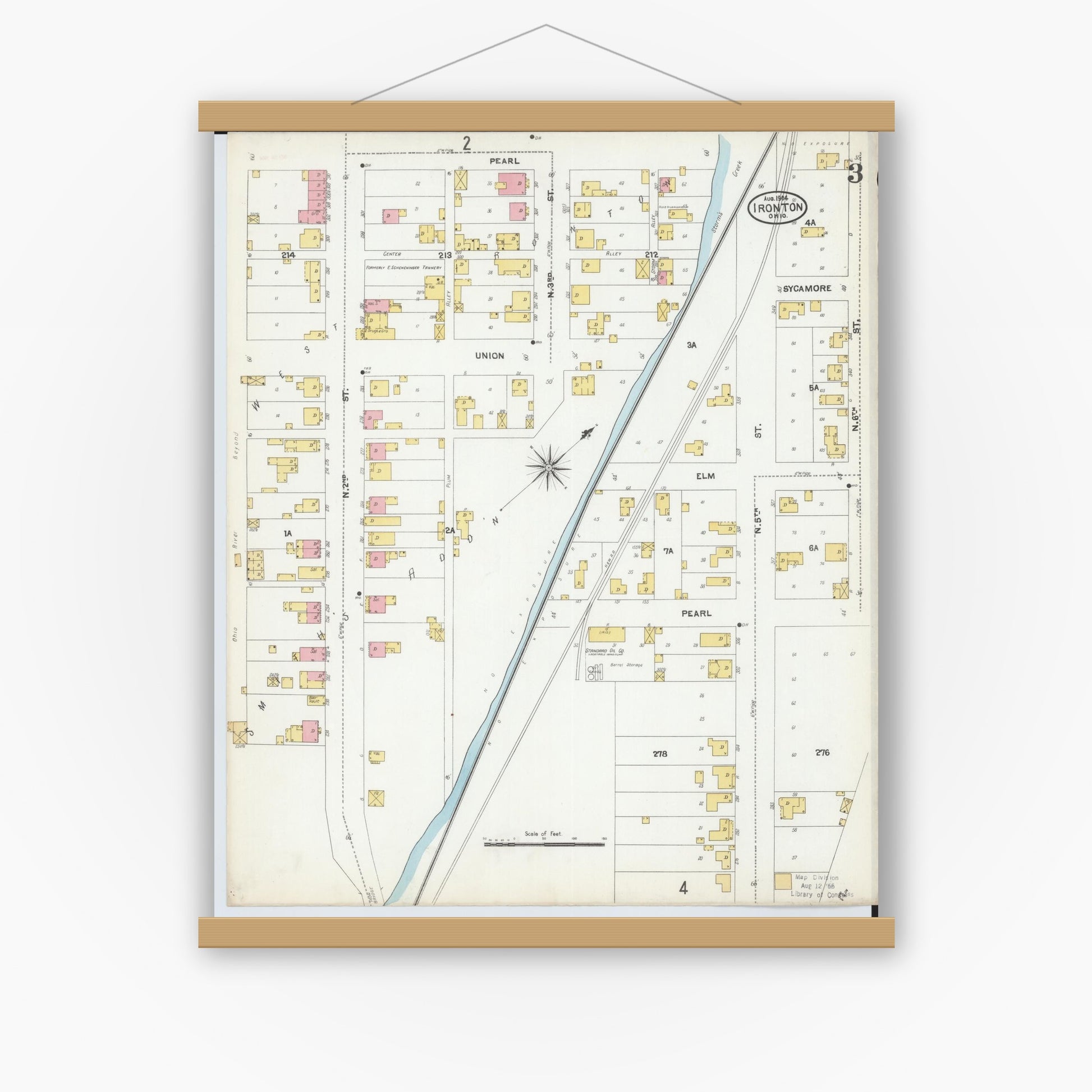 Old map wall art mockup — magnetic wood frame on white wall — Sanborn Fire Insurance Map from Ironton, Lawrence County, Ohio (1904), Sheet #0003