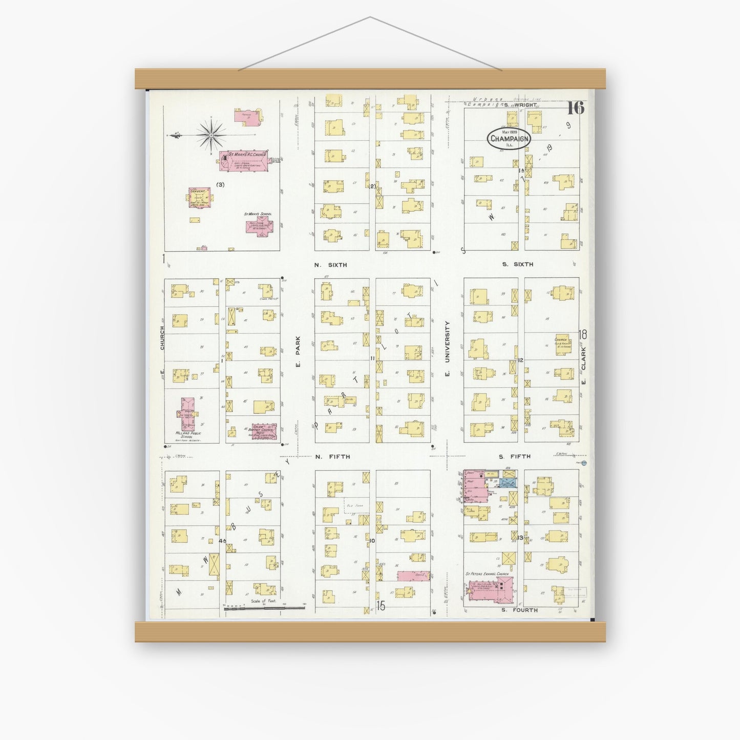 Old map wall art mockup — magnetic wood frame on white wall — Sanborn Fire Insurance Map from Champaign, Champaign County, Illinois (1909), Sheet #0016