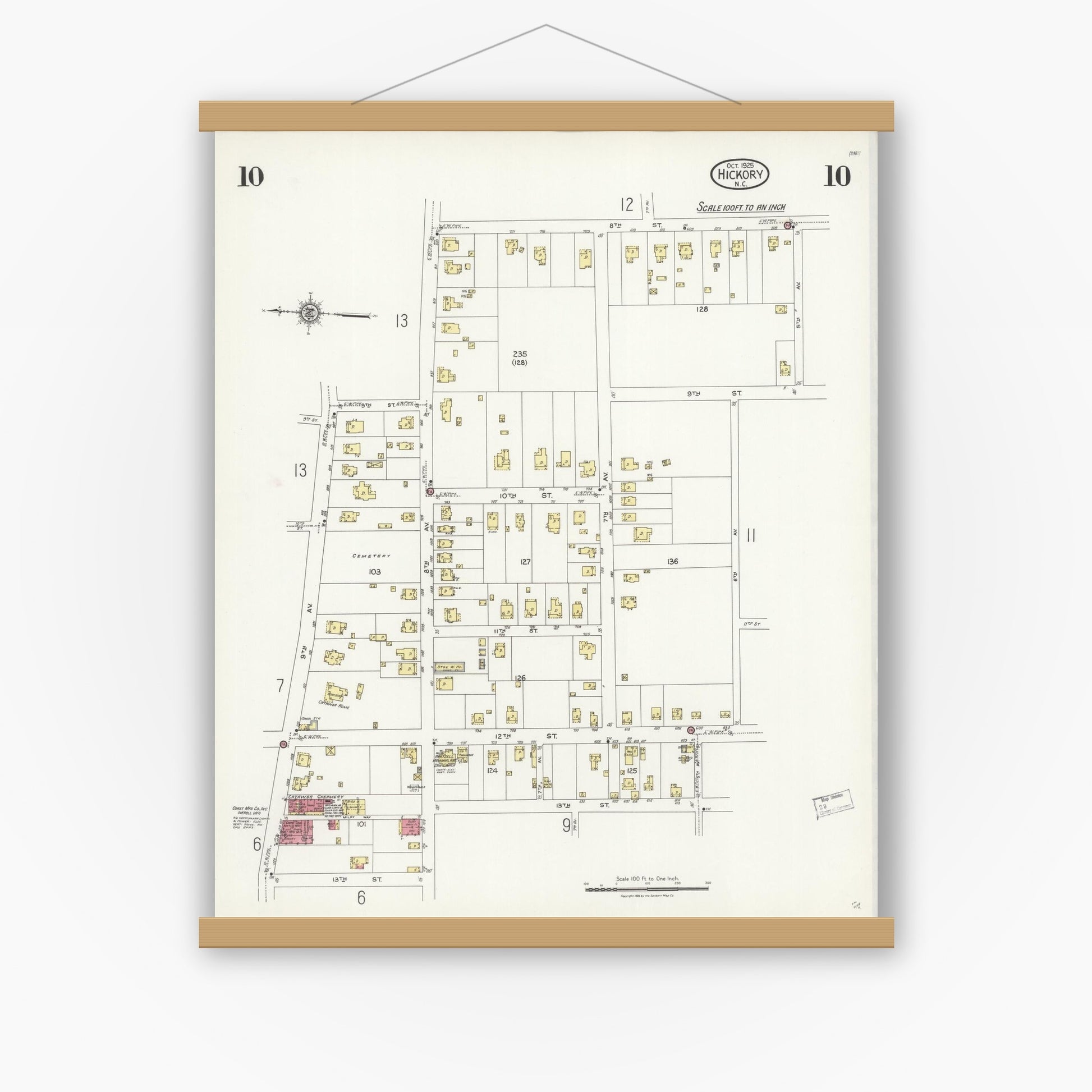 Old map wall art mockup — magnetic wood frame on white wall — Sanborn Fire Insurance Map from Hickory, Catawba County, North Carolina (1925), Sheet #0010