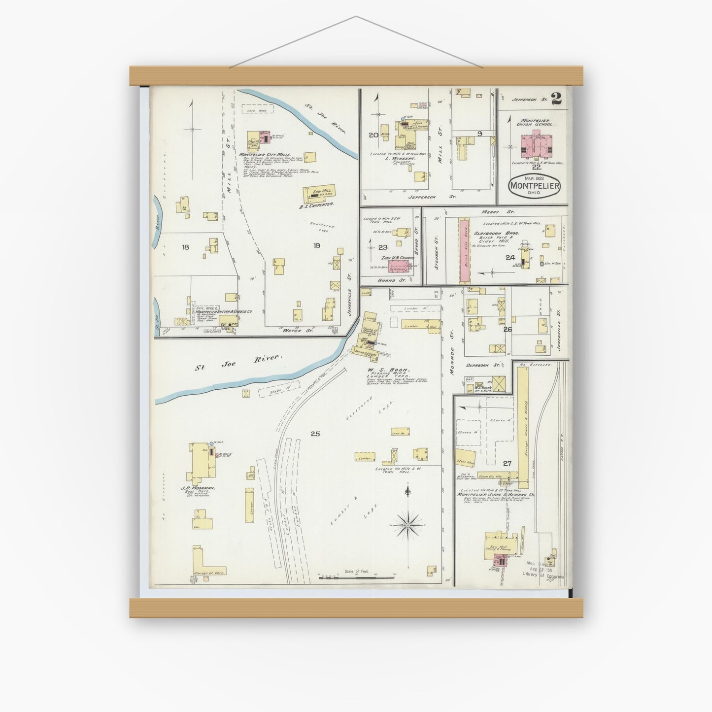 Old map wall art mockup — magnetic wood frame on white wall — Sanborn Fire Insurance Map from Montpelier, Williams County, Ohio (1893), Sheet #0002