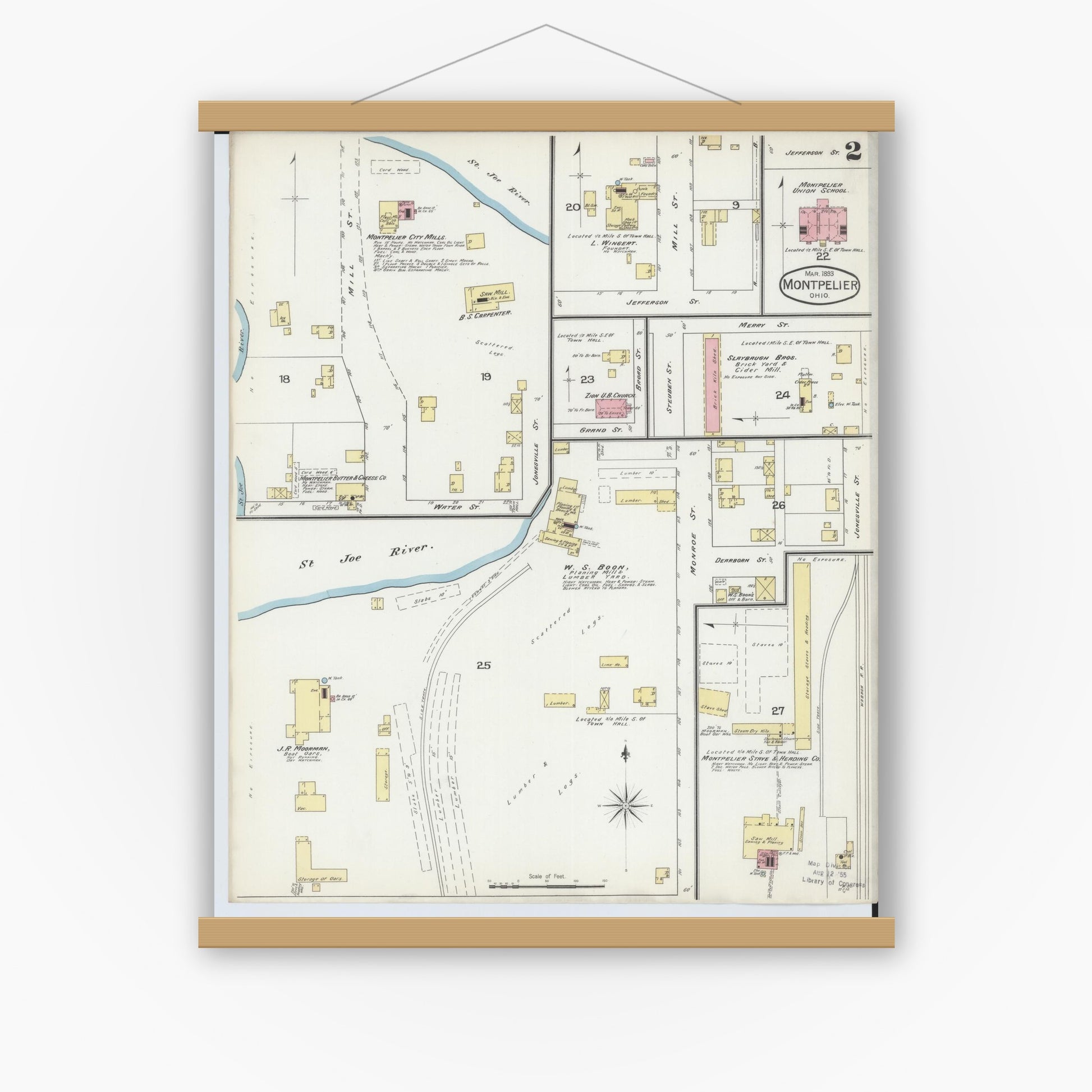 Old map wall art mockup — magnetic wood frame on white wall — Sanborn Fire Insurance Map from Montpelier, Williams County, Ohio (1893), Sheet #0002