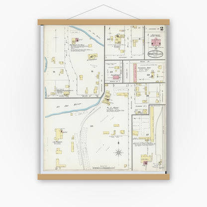 Old map wall art mockup — magnetic wood frame on white wall — Sanborn Fire Insurance Map from Montpelier, Williams County, Ohio (1893), Sheet #0002