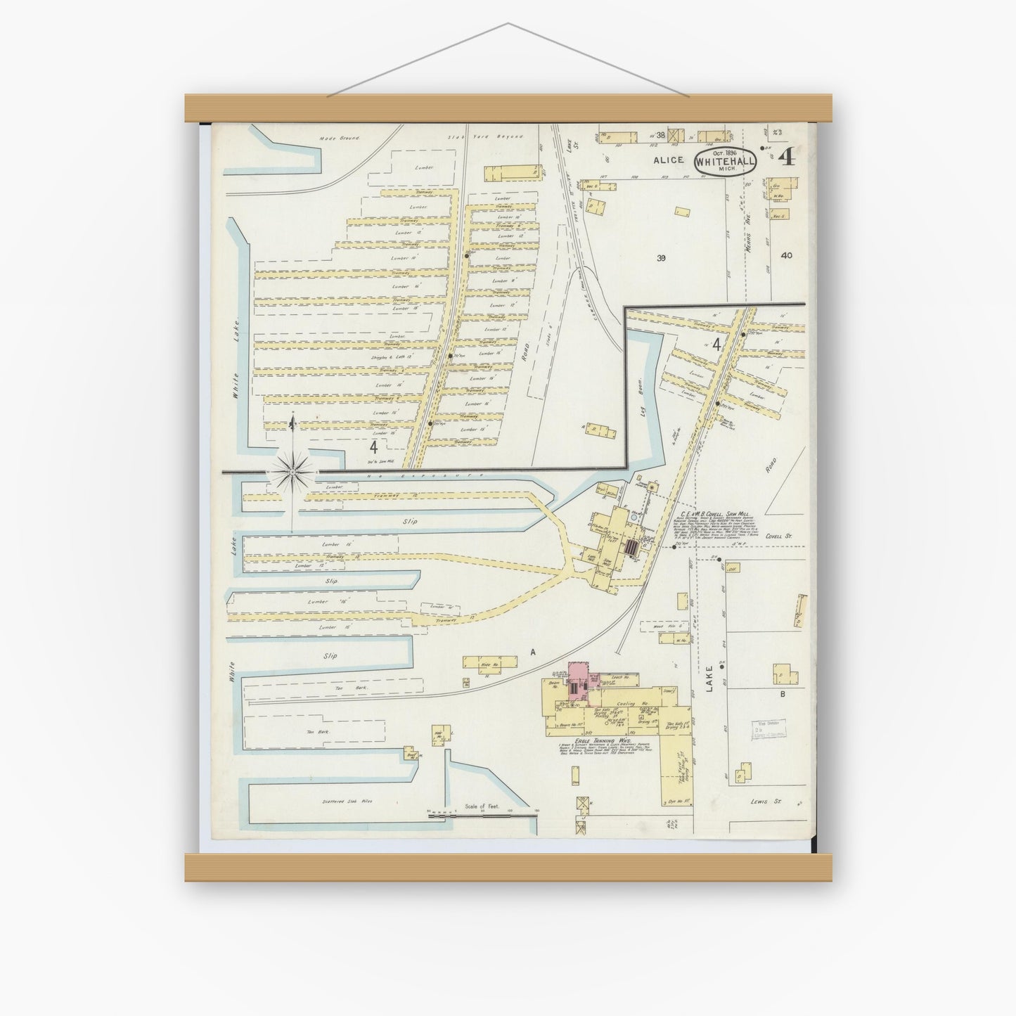 Old map wall art mockup — magnetic wood frame on white wall — Sanborn Fire Insurance Map from Whitehall, Muskegon County, Michigan (1896), Sheet #0004