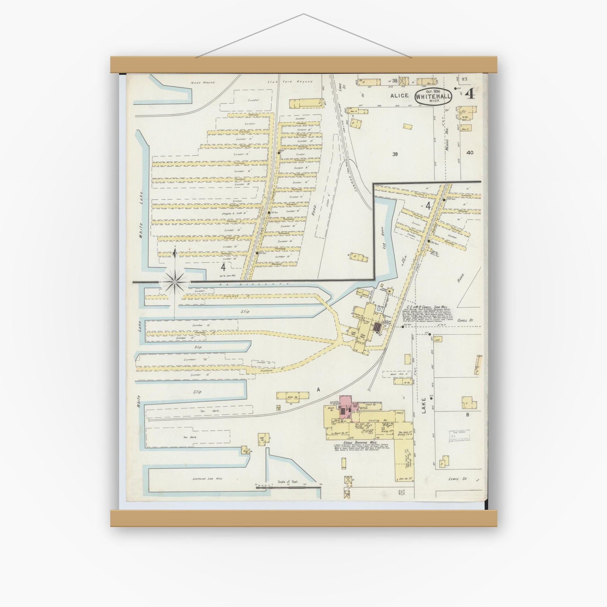 Old map wall art mockup — magnetic wood frame on white wall — Sanborn Fire Insurance Map from Whitehall, Muskegon County, Michigan (1896), Sheet #0004