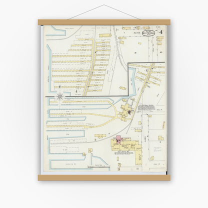 Old map wall art mockup — magnetic wood frame on white wall — Sanborn Fire Insurance Map from Whitehall, Muskegon County, Michigan (1896), Sheet #0004