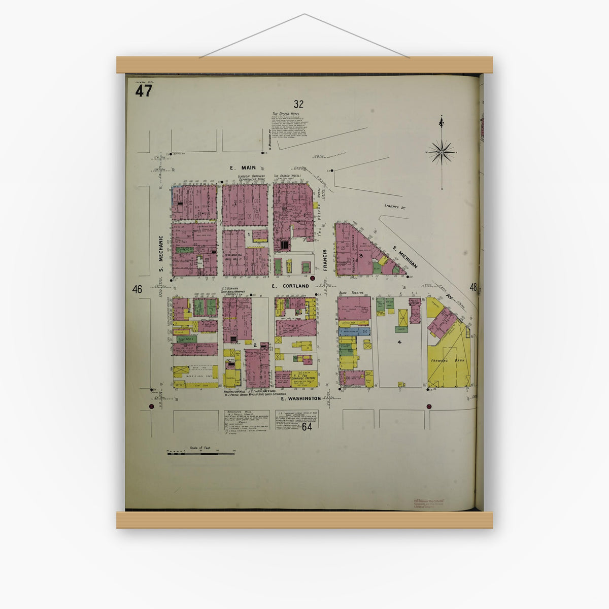 Old map wall art mockup — magnetic wood frame on white wall — Sanborn Fire Insurance Map from Jackson, Jackson County, Michigan (1907), Sheet #0047