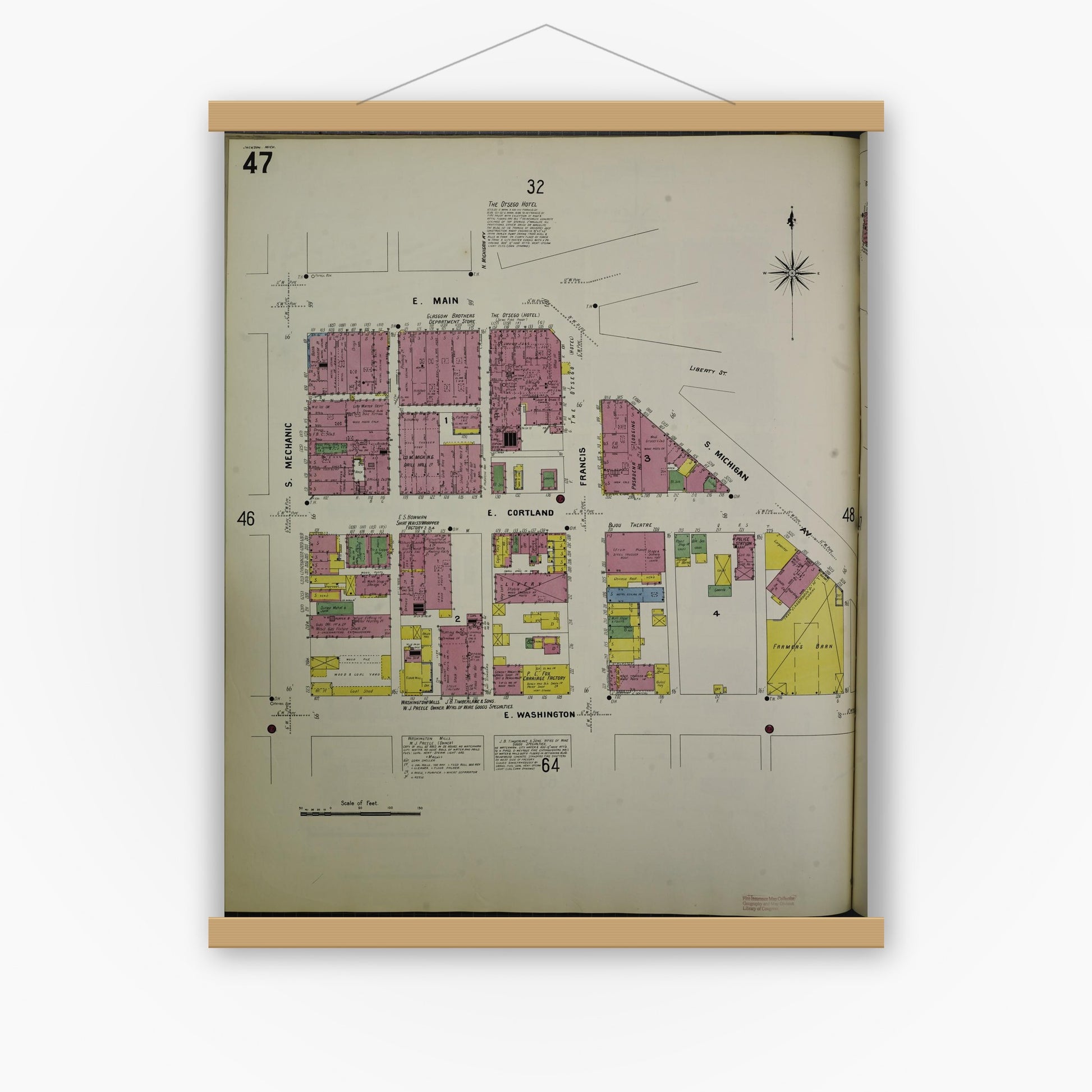 Old map wall art mockup — magnetic wood frame on white wall — Sanborn Fire Insurance Map from Jackson, Jackson County, Michigan (1907), Sheet #0047