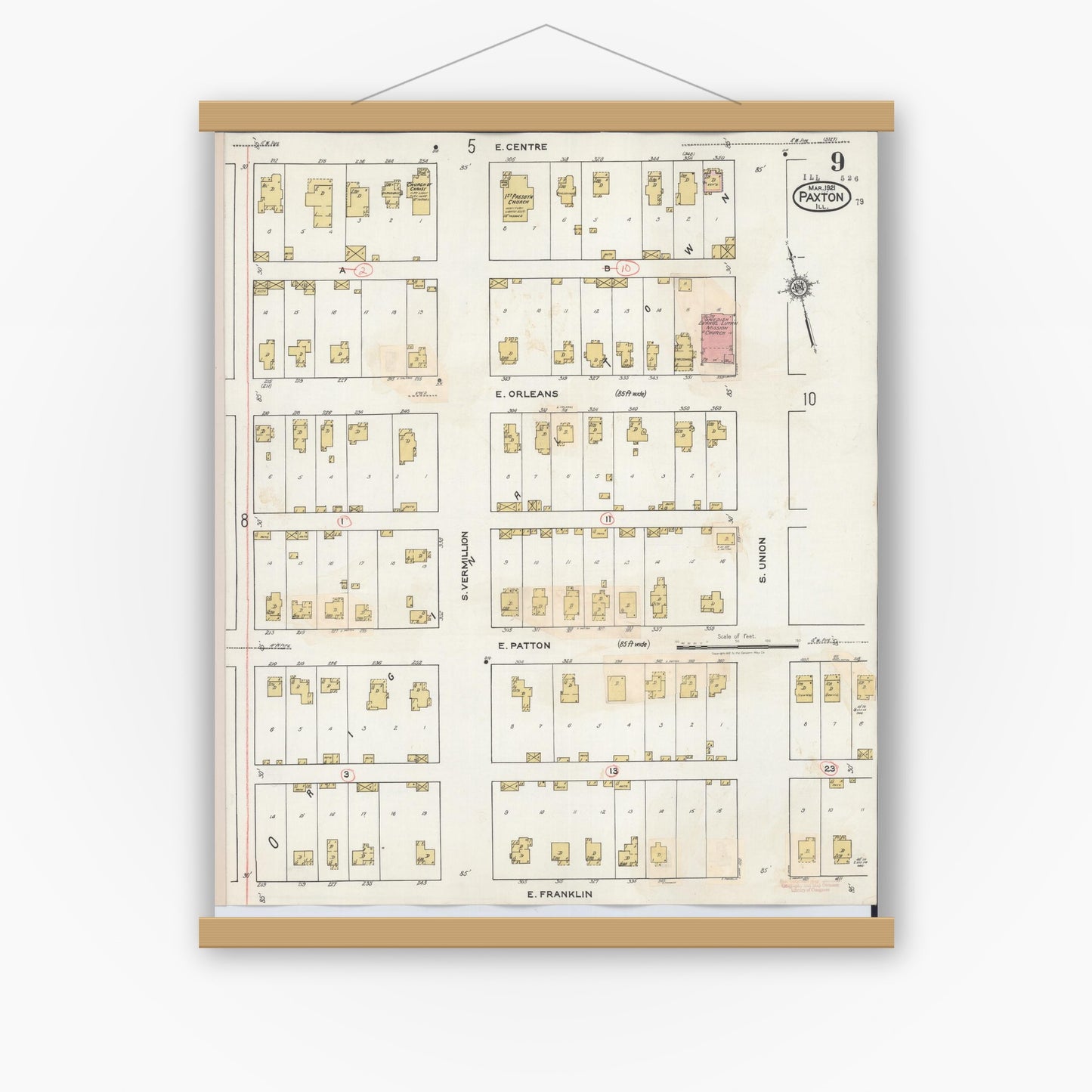 Old map wall art mockup — magnetic wood frame on white wall — Sanborn Fire Insurance Map from Paxton, Ford County, Illinois (1932), Sheet #0009