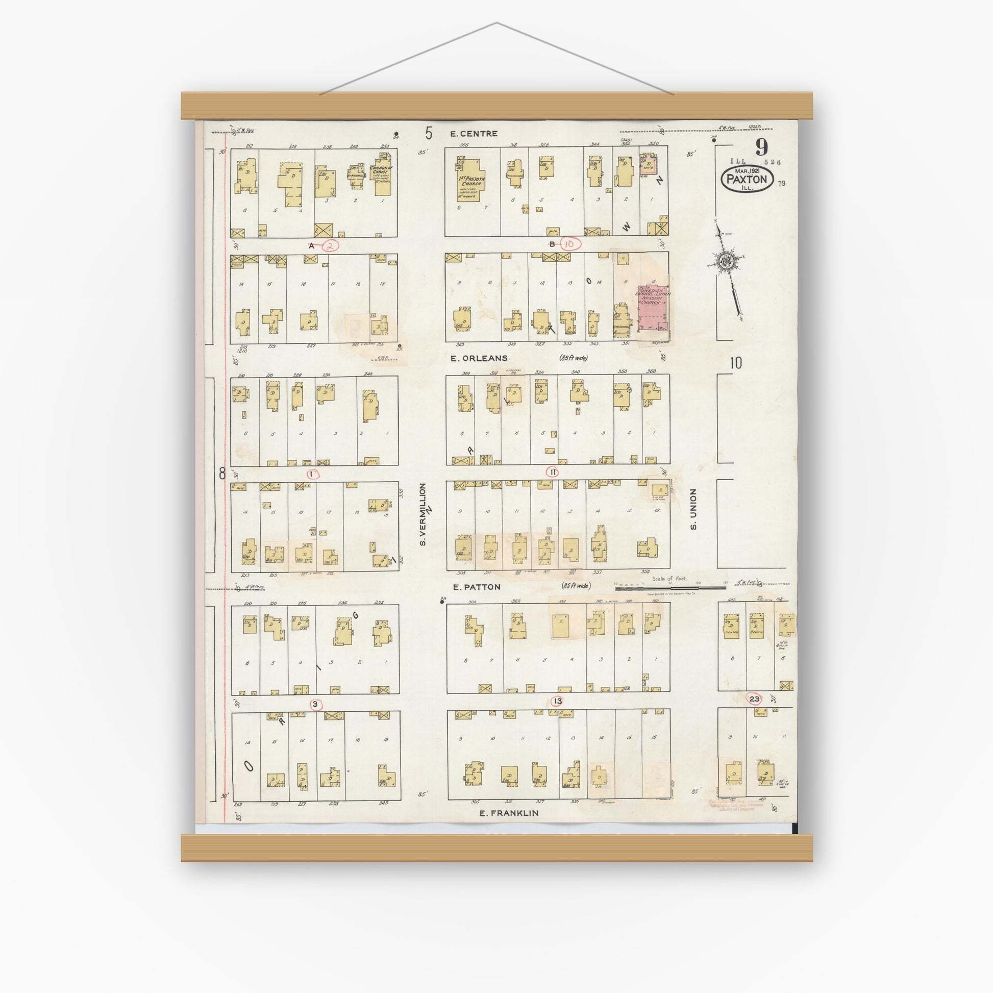 Old map wall art mockup — magnetic wood frame on white wall — Sanborn Fire Insurance Map from Paxton, Ford County, Illinois (1932), Sheet #0009
