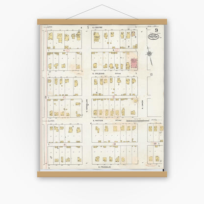 Old map wall art mockup — magnetic wood frame on white wall — Sanborn Fire Insurance Map from Paxton, Ford County, Illinois (1932), Sheet #0009