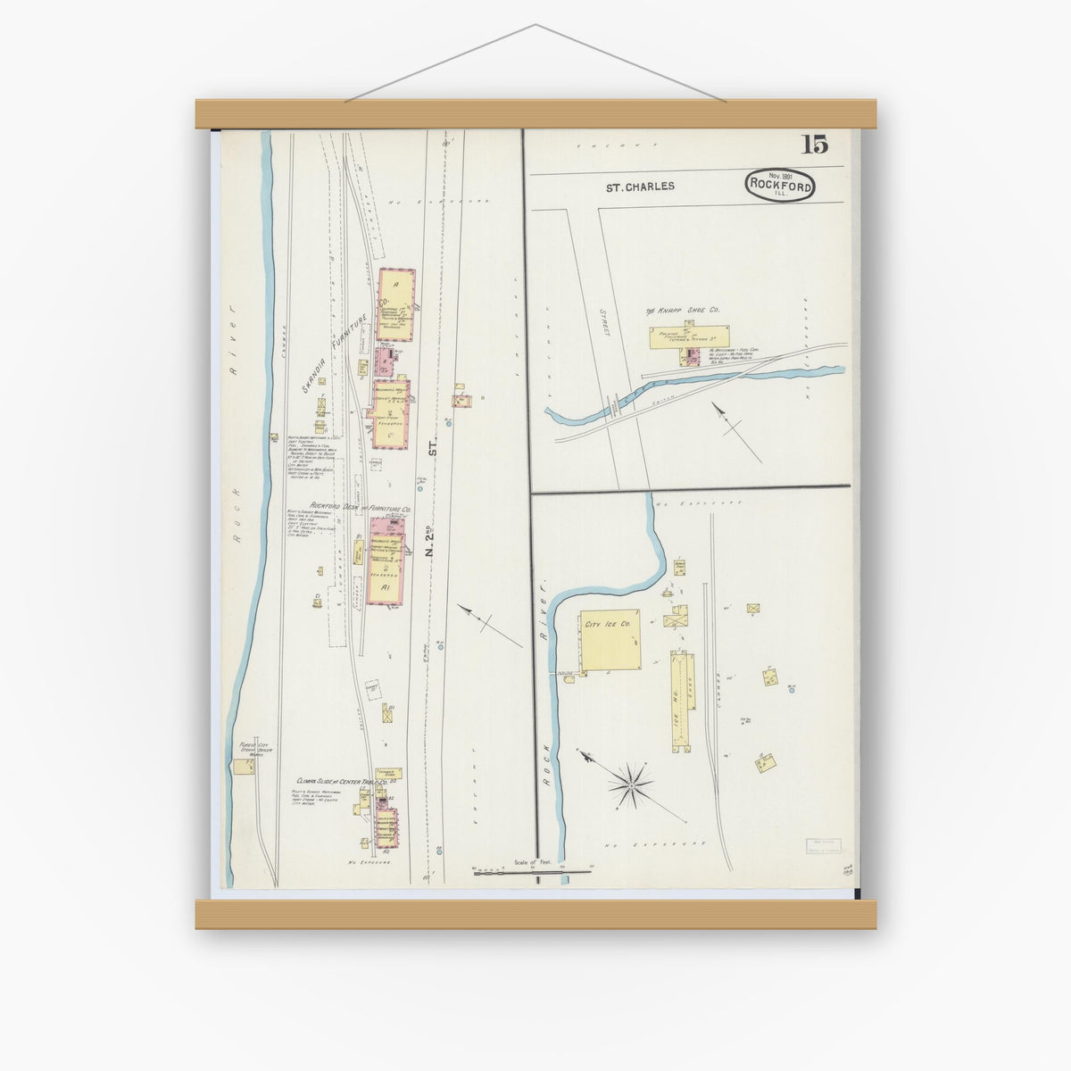 Old map wall art mockup — magnetic wood frame on white wall — Sanborn Fire Insurance Map from Rockford, Winnebago County, Illinois (1891), Sheet #0015