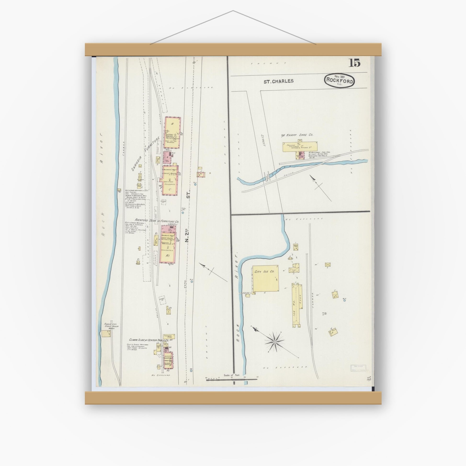 Old map wall art mockup — magnetic wood frame on white wall — Sanborn Fire Insurance Map from Rockford, Winnebago County, Illinois (1891), Sheet #0015