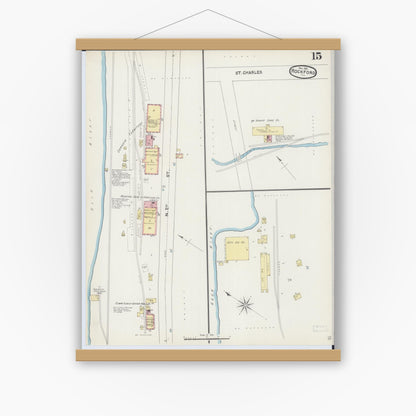 Old map wall art mockup — magnetic wood frame on white wall — Sanborn Fire Insurance Map from Rockford, Winnebago County, Illinois (1891), Sheet #0015