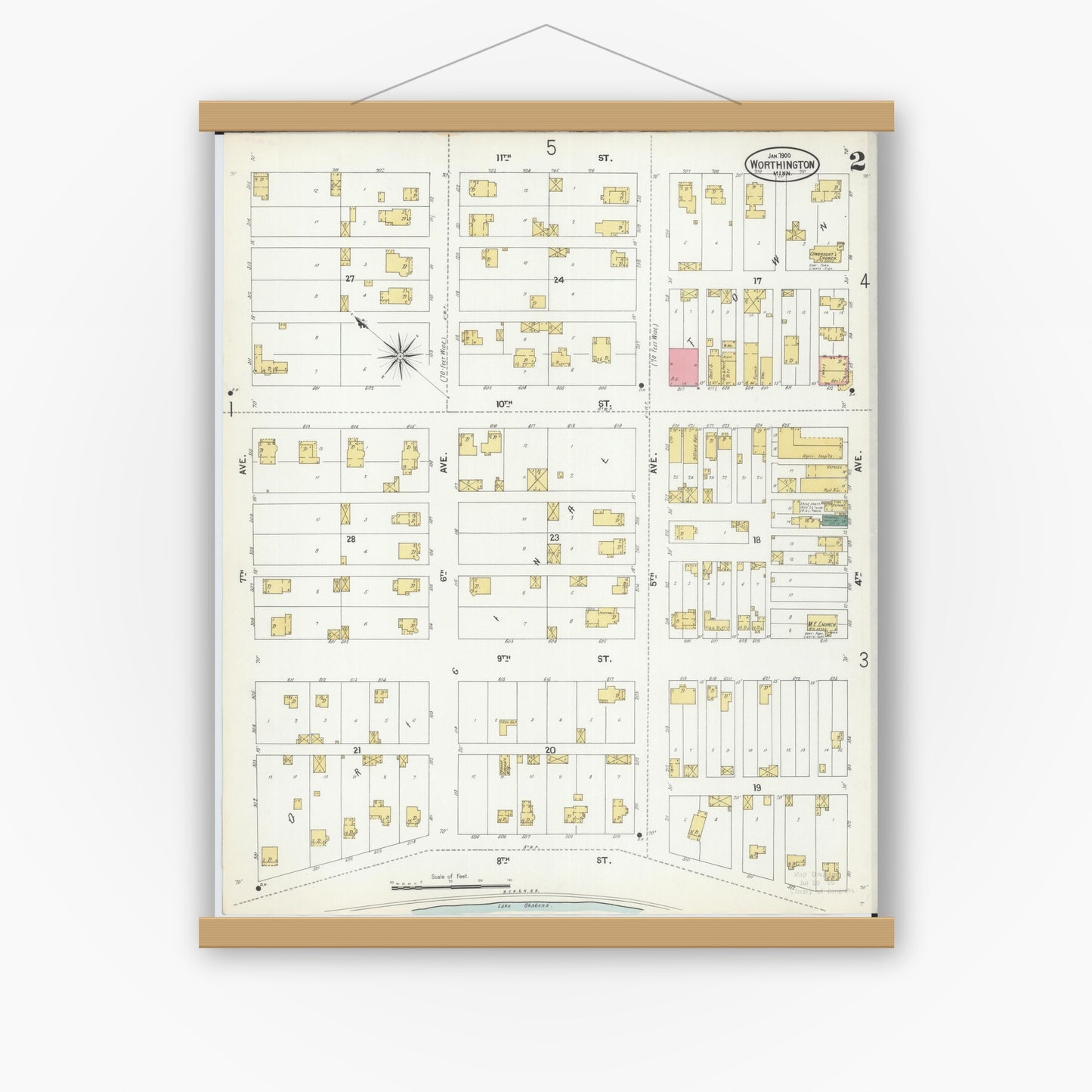 Old map wall art mockup — magnetic wood frame on white wall — Sanborn Fire Insurance Map from Worthington, Nobles County, Minnesota (1900), Sheet #0002