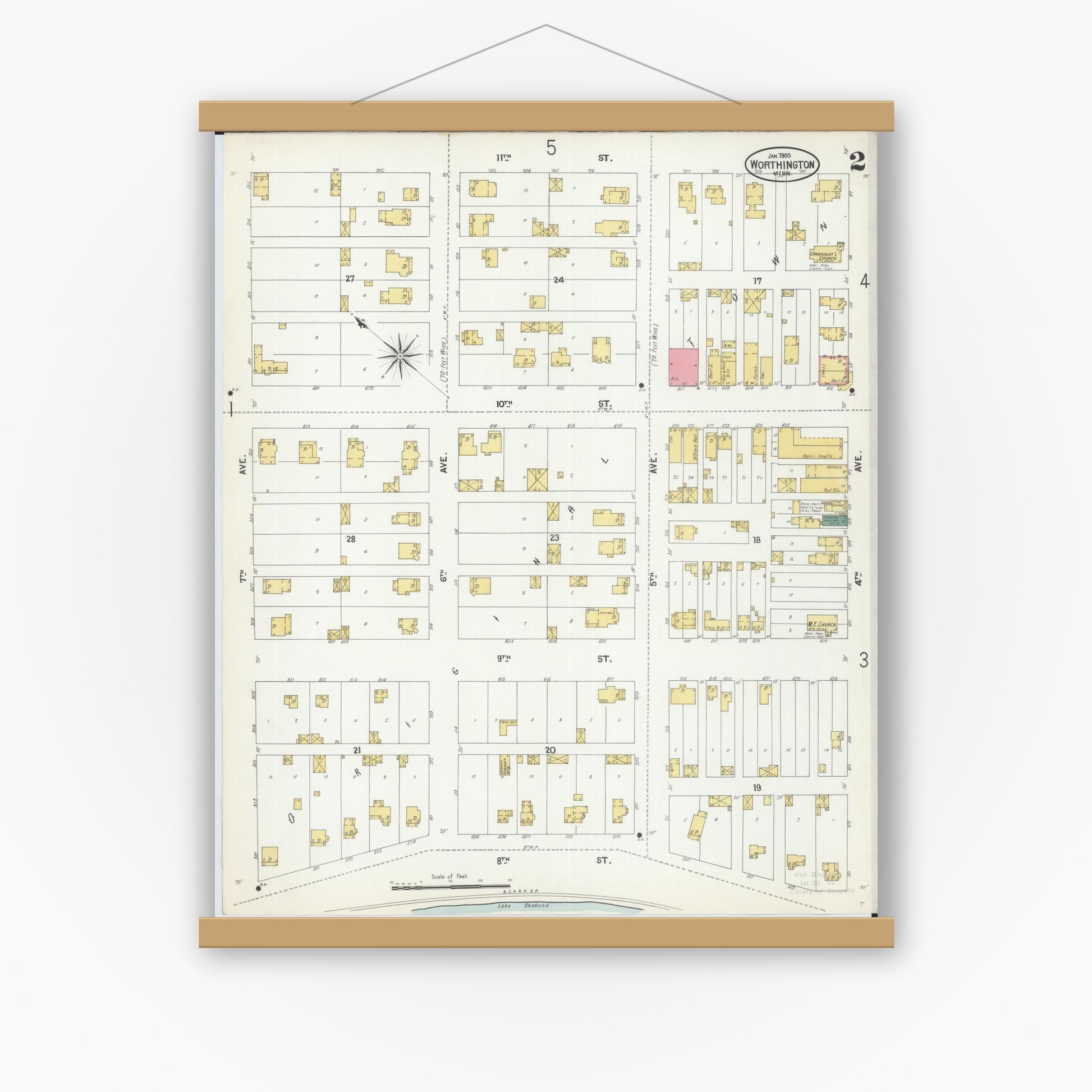 Old map wall art mockup — magnetic wood frame on white wall — Sanborn Fire Insurance Map from Worthington, Nobles County, Minnesota (1900), Sheet #0002
