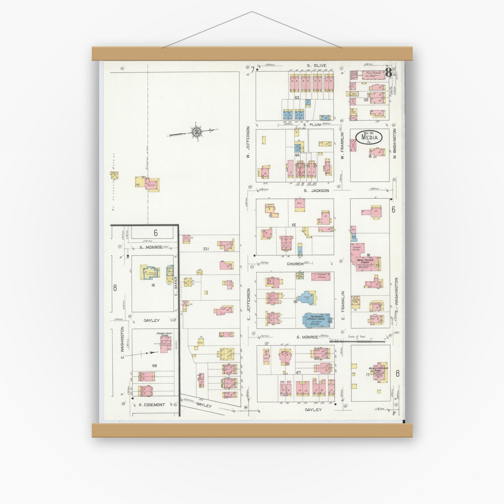Old map wall art mockup — magnetic wood frame on white wall — Sanborn Fire Insurance Map from Media, Delaware County, Pennsylvania (1912), Sheet #0008