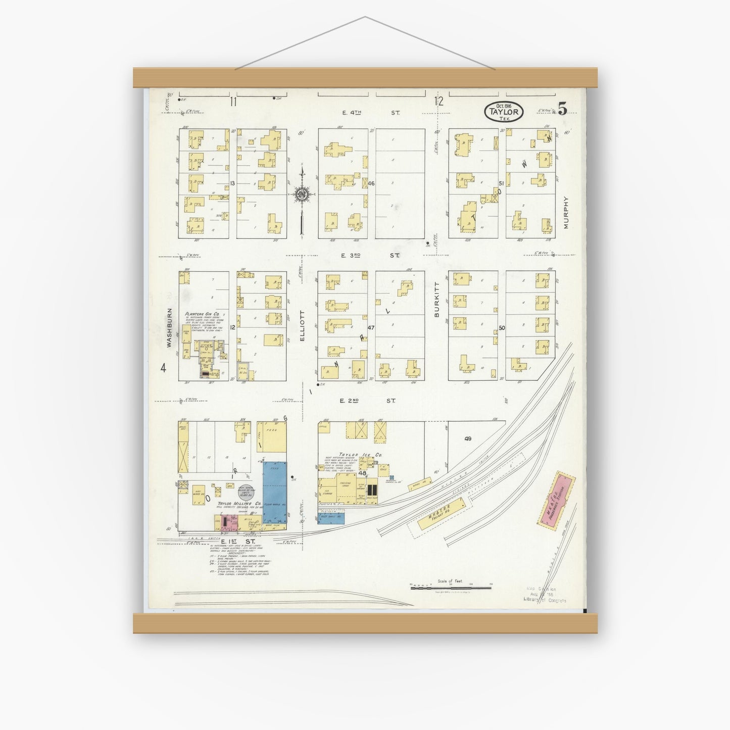 Old map wall art mockup — magnetic wood frame on white wall — Sanborn Fire Insurance Map from Taylor, Williamson County, Texas (1916), Sheet #0005