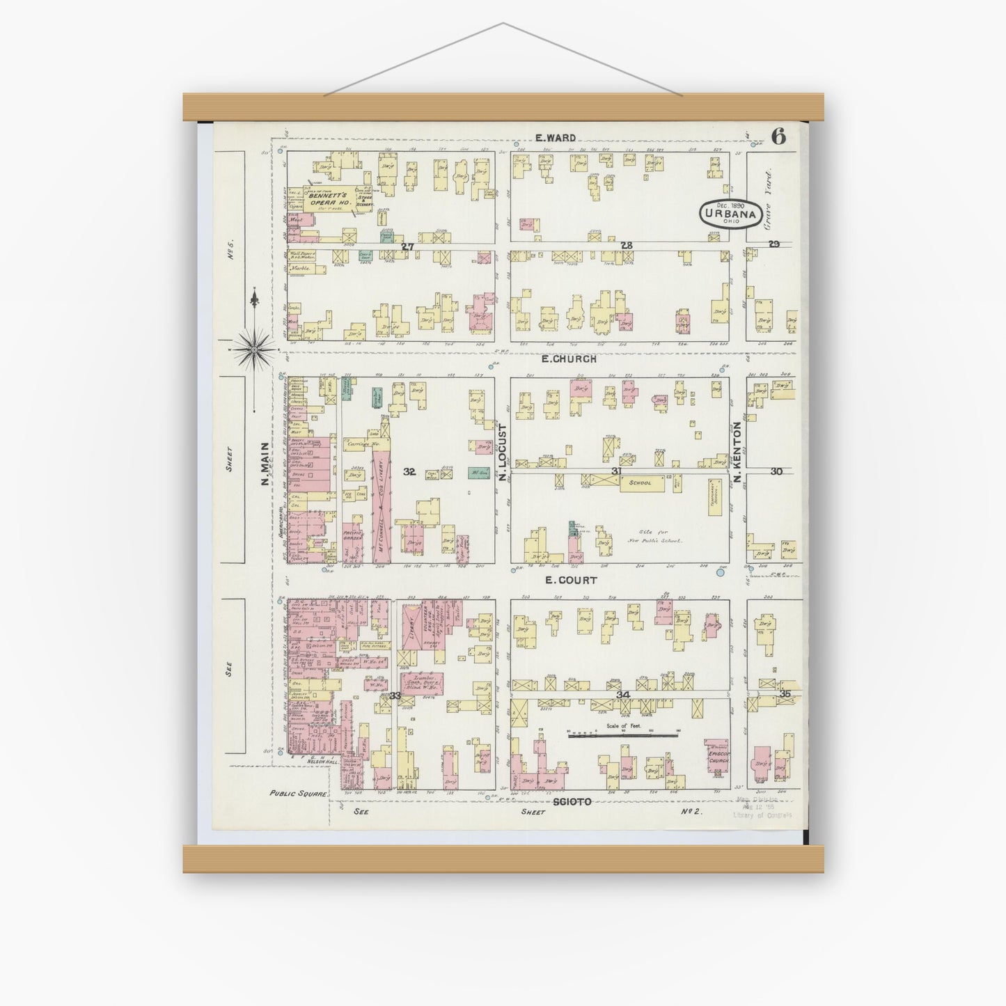 Old map wall art mockup — magnetic wood frame on white wall — Sanborn Fire Insurance Map from Urbana, Champaign County, Ohio (1890), Sheet #0006