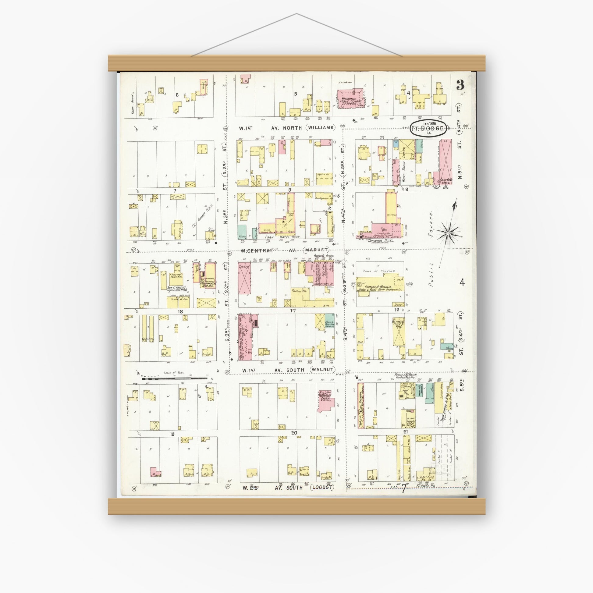 Old map wall art mockup — magnetic wood frame on white wall — Sanborn Fire Insurance Map from Fort Dodge, Webster County, Iowa (1896), Sheet #0003