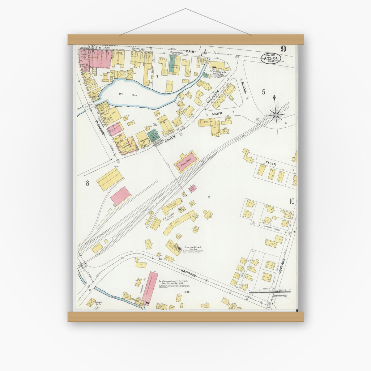 Old map wall art mockup — magnetic wood frame on white wall — Sanborn Fire Insurance Map from Athol, Worcester County, Massachusetts (1905), Sheet #0009